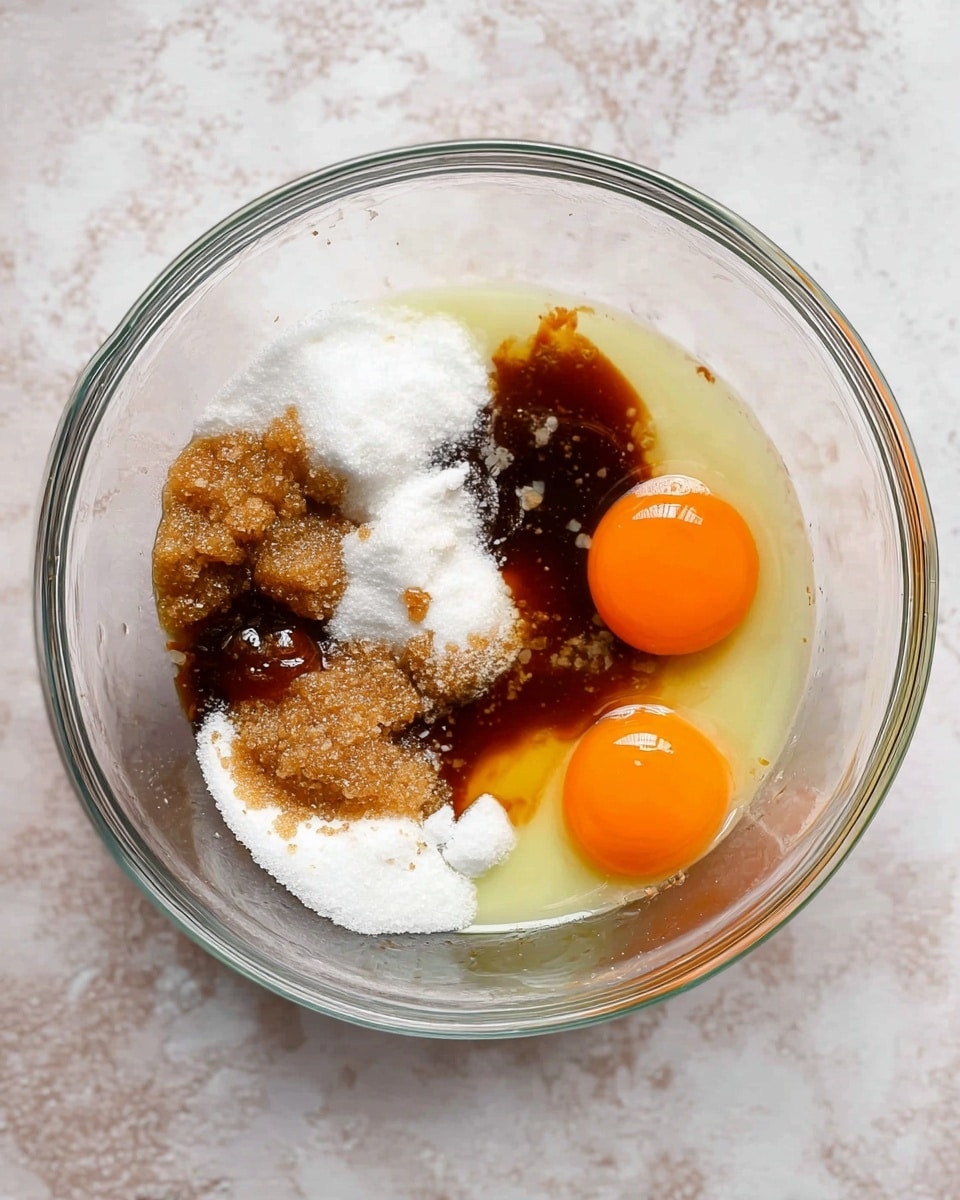 A clear glass mixing bowl sits on a white marbled surface, holding several ingredients yet to be mixed. Inside, there are two bright orange egg yolks on the right side, surrounded by a thin layer of clear egg whites. Around the eggs, there are layers of white granulated sugar, light brown sugar clumps, and a dark brown thick syrup, possibly vanilla extract. The mixture shows a variety of textures including smooth syrup, grainy sugar, and the shiny, wet look of the eggs. The bowl is round and transparent, showing all ingredients clearly from above. photo taken with an iphone --ar 4:5 --v 7