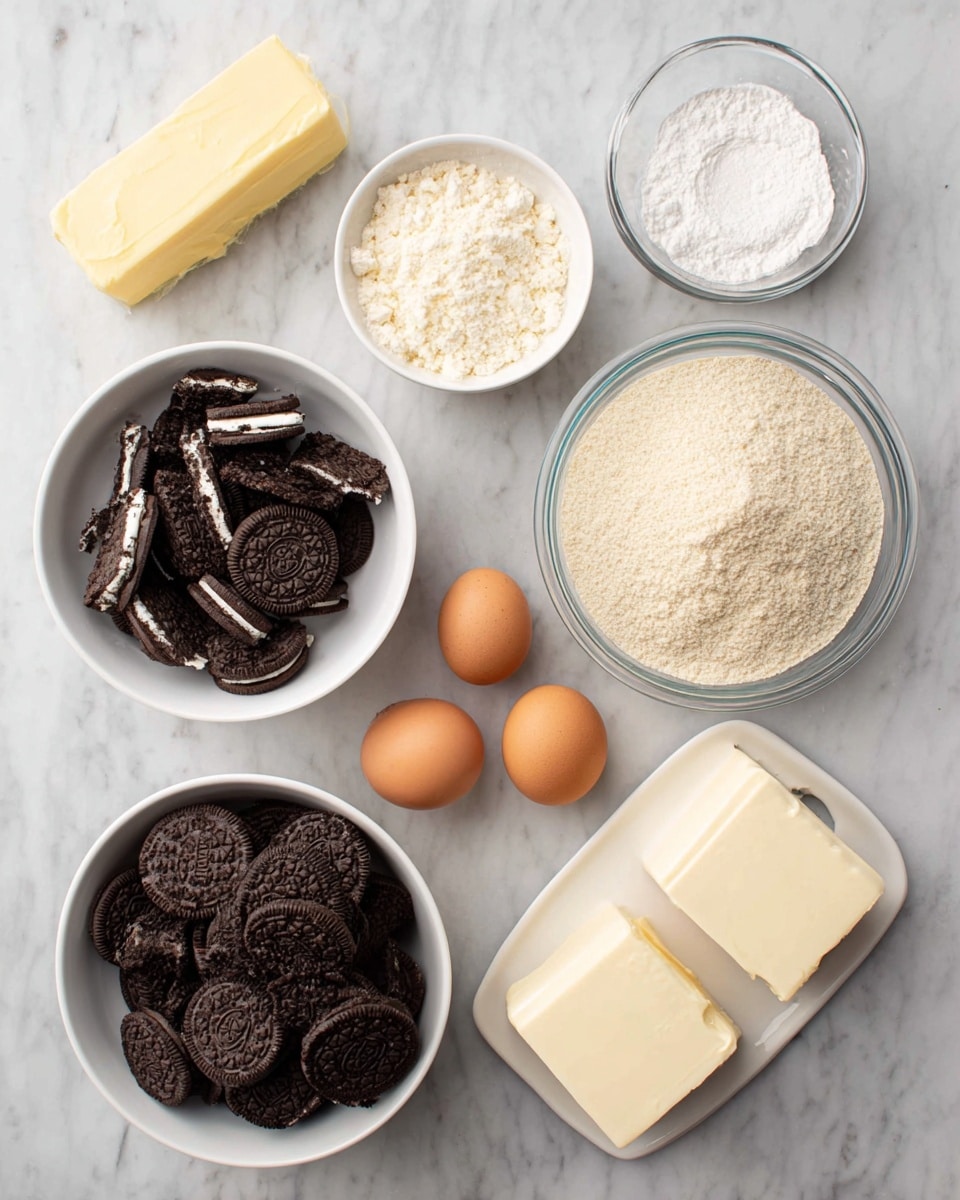 A top view of a white marbled surface arranging several ingredients including a stick of pale yellow butter on top left, a white bowl filled with broken dark chocolate sandwich cookies beside it, a small white bowl of fine white powder at top right, a clear glass bowl with light beige dry mix containing some dark pieces on center right, a smaller white plate holding two blocks of creamy white cheese below the glass bowl, a larger white bowl full of whole dark chocolate sandwich cookies on bottom left, a small white bowl with more fine white powder near bottom left corner, and three brown eggs placed next to each other near the bottom center. photo taken with an iphone --ar 4:5 --v 7