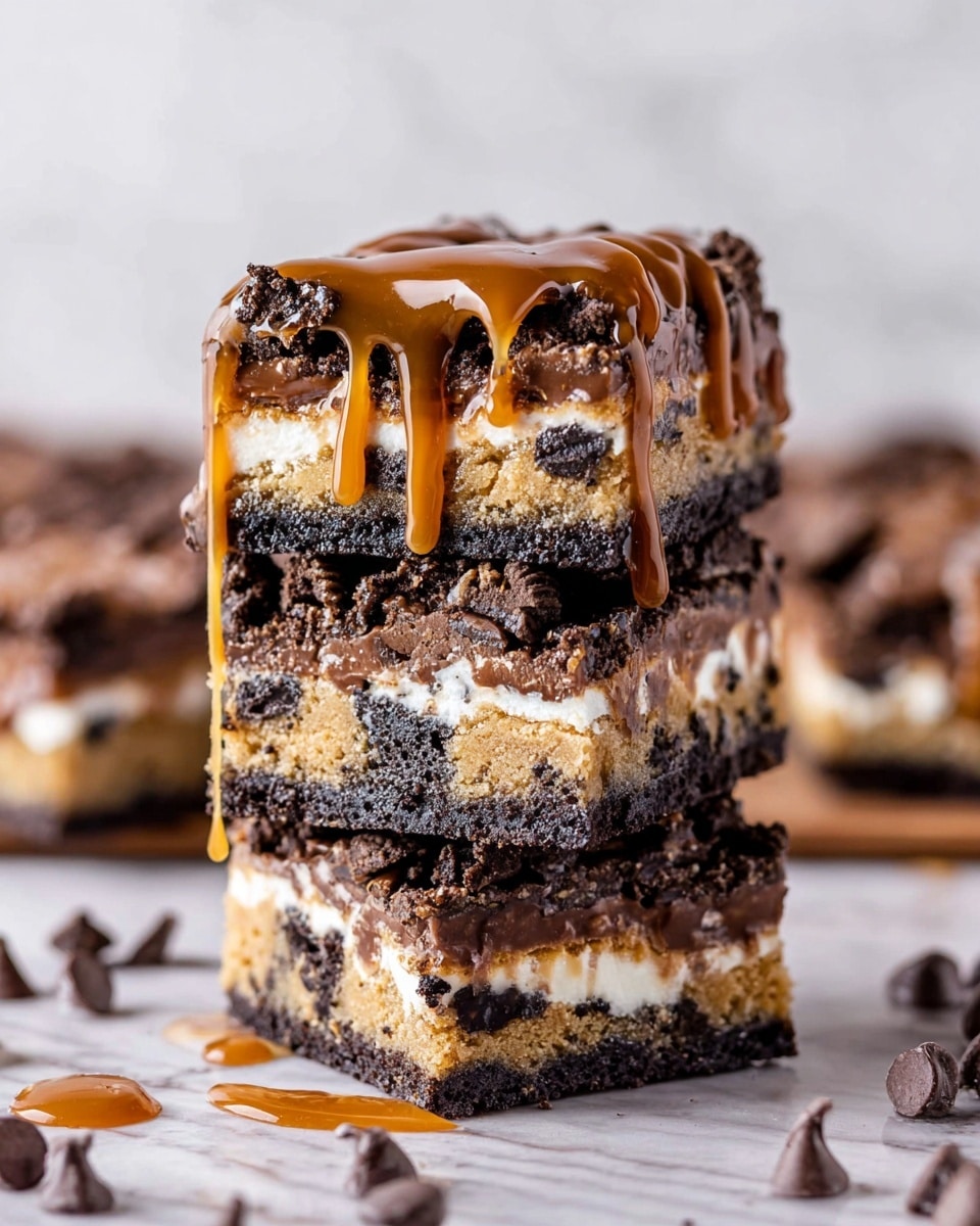 The image shows a stack of three dessert bars with four clear layers. The bottom layer is light brown with a cookie dough texture and visible chocolate chunks. Above it are two dark chocolate cookie layers with white cream filling between them, having a rough texture with chunks broken at the edges. The top layer is a mix of crushed chocolate cookies and white cream, covered with a shiny caramel sauce that drips down the sides. The bars rest on a white marbled surface with scattered chocolate chips around. photo taken with an iphone --ar 4:5 --v 7