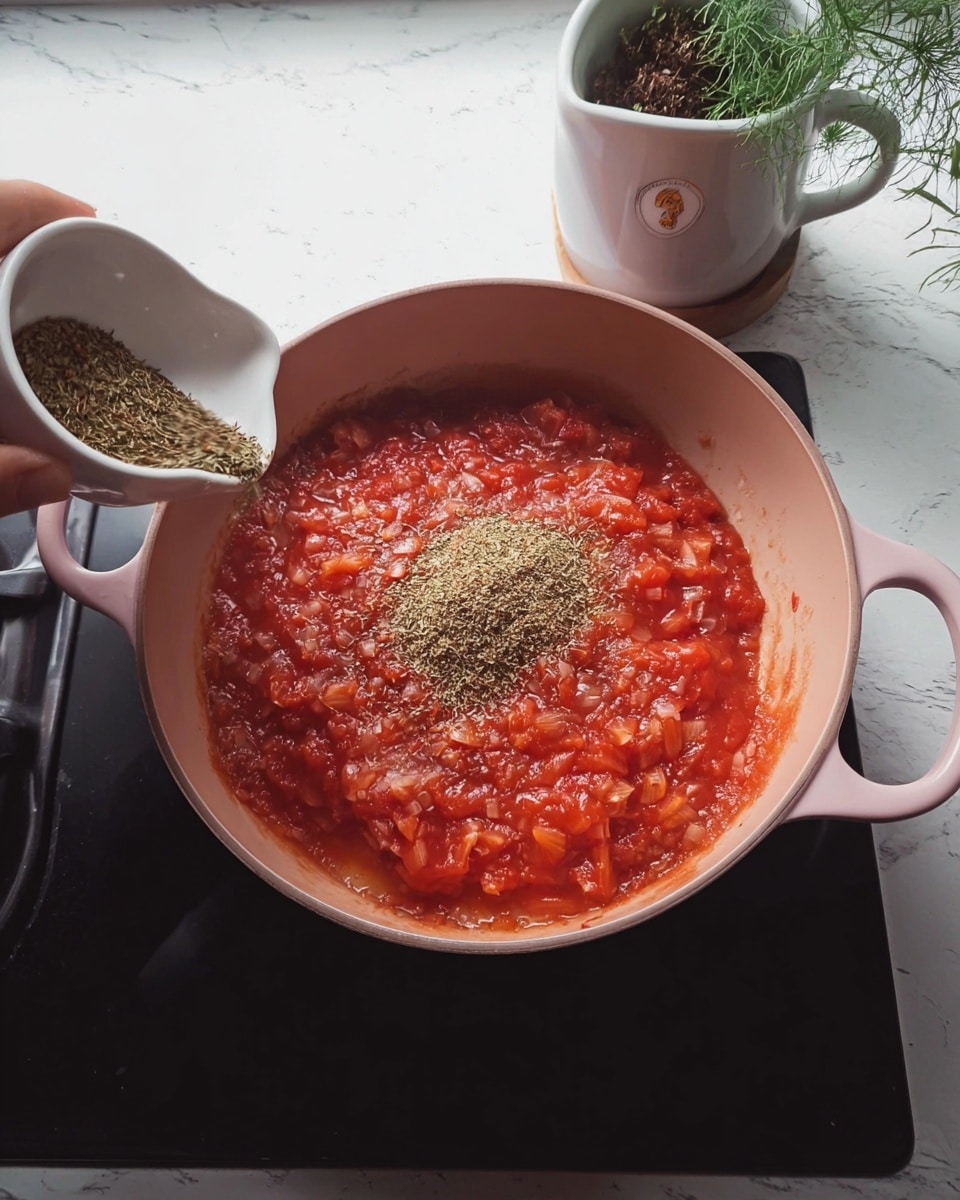 In the image, there is a deep light pink pan placed on a black stove. Inside the pan, there is a thick layer of chunky red tomato sauce with visible tomato pieces and small onions. On top of the sauce, in the center, there is a pile of dried greenish-brown herbs being poured from a small white ceramic dish held by a woman's hand. The setting includes a white mug with green plants on the right side, sitting on a white marbled texture surface. The scene has a warm and homely kitchen vibe, showing the sauce in the making. photo taken with an iphone --ar 4:5 --v 7