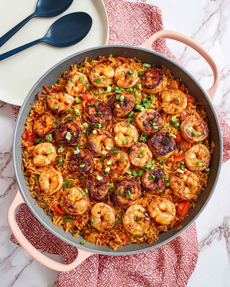 A large round gray pan with pink handles holds a colorful dish made of three main layers: the base is orange-red cooked rice mixed evenly with small pieces of vegetables like tomatoes and bell peppers, the middle layer has browned curved shrimp with dark grill marks placed distributed on top, and the top layer is sprinkled with chopped green onions adding fresh green spots over the dish. Around the pan, there is a pink cloth on the white marbled surface and two white plates with dark blue utensils lying beside them. Photo taken with an iphone --ar 4:5 --v 7