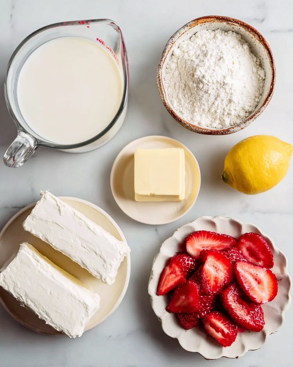 The image shows six ingredients arranged on a white marbled surface. In the top left, there is a clear glass measuring cup filled with milk. Next to it, at the top center, is a small ceramic bowl with a rough brown edge, filled with white powder. To the right, there is a small ceramic plate with a scalloped edge filled with a block of pale yellow butter. On the far right, a yellow lemon sits directly on the white marble. Below the milk, a white ceramic bowl contains red sliced strawberries with a few seeds visible. Finally, in the bottom right corner, there is a white plate holding two blocks of white cream cheese side by side. photo taken with an iphone --ar 4:5 --v 7