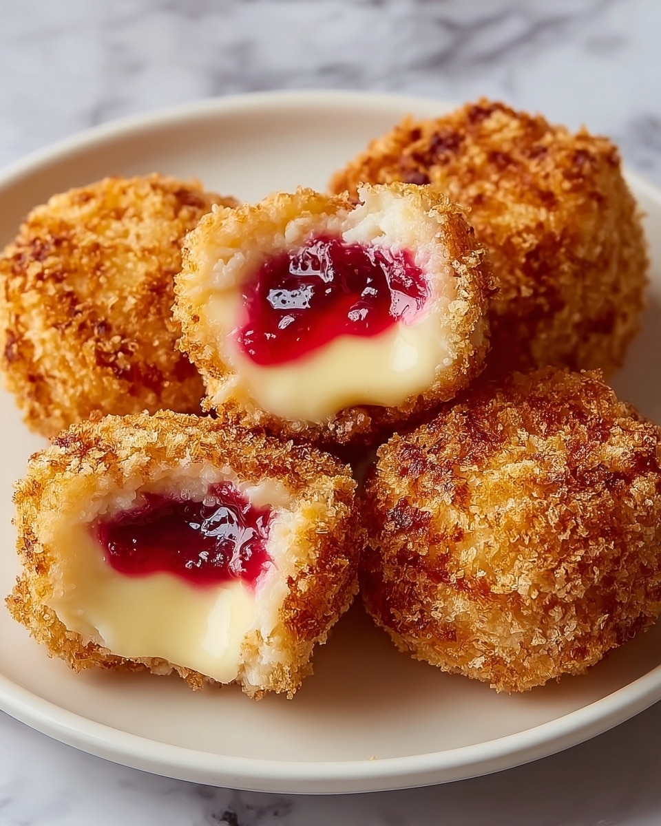 The image shows a white plate filled with small round fried bites that have a crunchy, golden-brown breadcrumb outer layer. Inside, there are two visible layers: a creamy pale-yellow cheese filling and a bright red jelly center that appears soft and slightly glossy. The bites are stacked casually on the plate with a smooth white marbled surface beneath. The lighting highlights the texture of the crunchy coating and the contrast of the creamy cheese with the red jelly inside. photo taken with an iphone --ar 4:5 --v 7