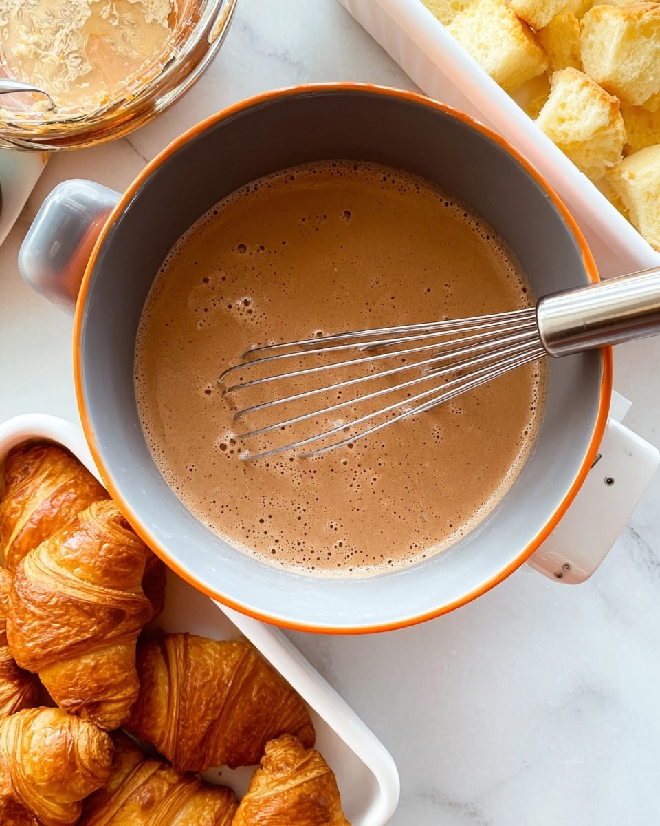 The image shows a close-up of a cooking setup on a white marbled surface. In the center, there is a grey and orange mixing bowl filled with a smooth light brown batter with bubbles on top, and a metal whisk resting inside. On the upper left side, a white tray is filled with golden brown croissants with flaky, shiny layers. On the upper right, another white tray holds torn pieces of soft, white bread with a fluffy texture. The colors contrast softly against the white marble background, making the scene bright and inviting. photo taken with an iphone --ar 4:5 --v 7