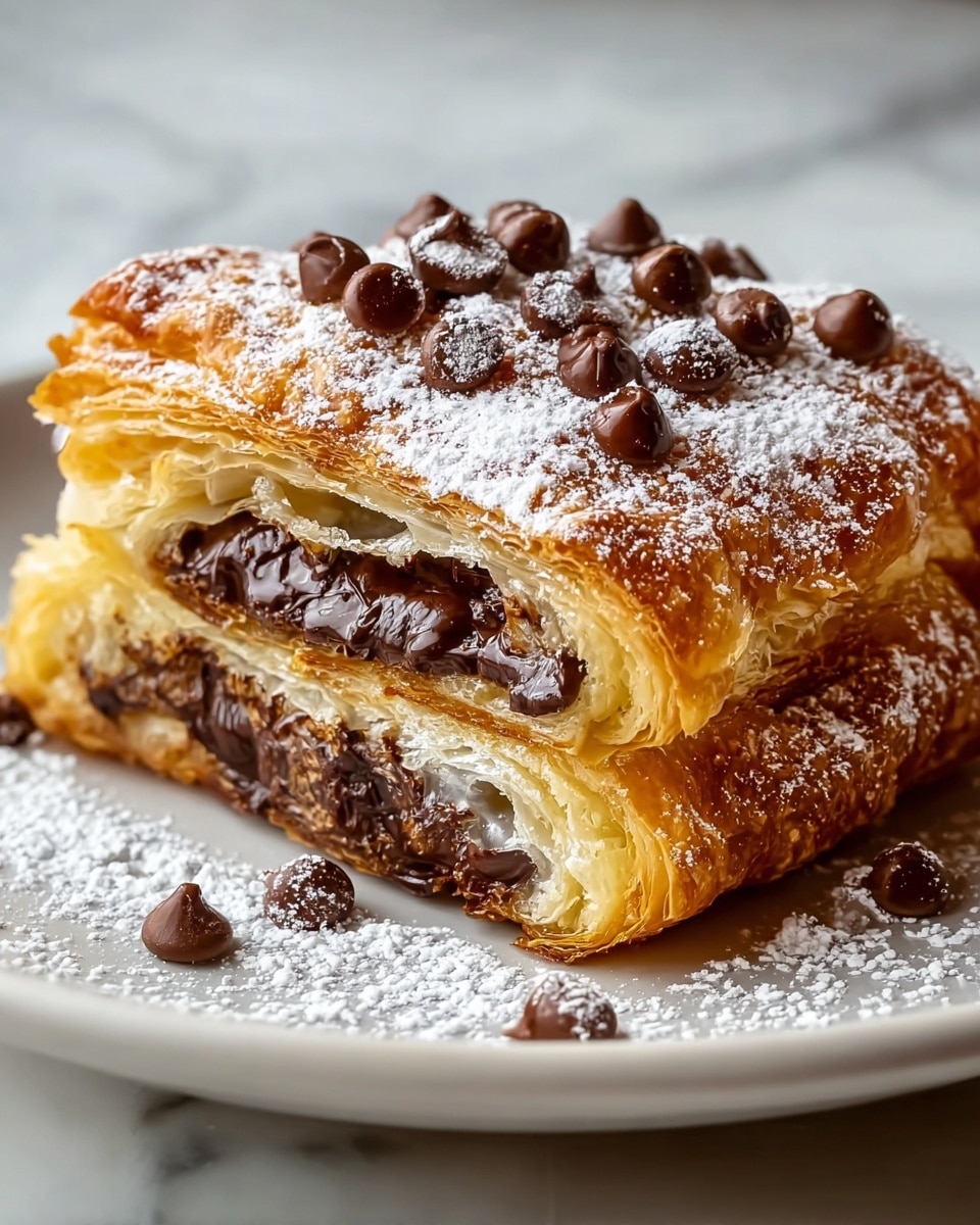 A close-up image of a flaky pastry with multiple layers, showing a golden brown, crispy outer crust dusted lightly with white powdered sugar. The pastry is filled with rich, dark chocolate spread inside the bottom half, and the top is decorated with many shiny chocolate chips. The layers of the pastry are soft and slightly shiny with a light yellow color inside. The pastry sits on a white plate which is set on a white marbled surface, and some powdered sugar is scattered around the plate's edge. Photo taken with an iphone --ar 4:5 --v 7