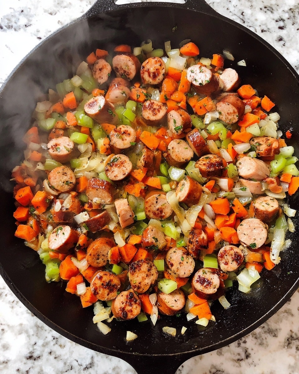 A black cast iron pan filled with sautéed sliced sausage pieces that are light brown with some darker grill marks, mixed with chopped vegetables including orange carrot chunks, light green celery slices, and small white onion pieces, all cooked together and slightly shiny from oil or cooking juices, with steam rising from the pan, placed on a white marbled countertop. photo taken with an iphone --ar 4:5 --v 7