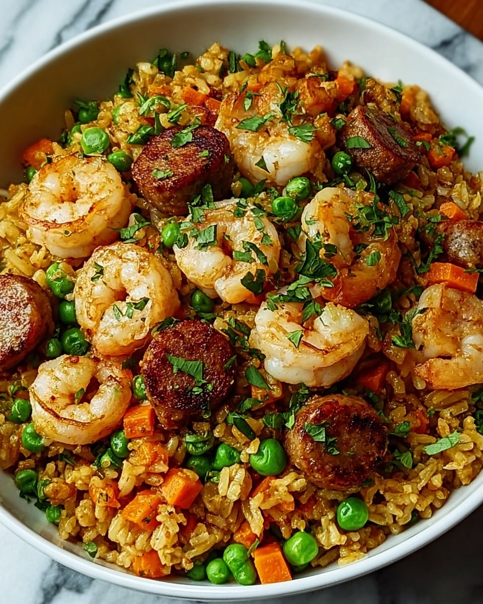 A white bowl filled with a colorful dish consisting of cooked rice mixed with green peas and small chunks of orange carrots, topped with several cooked shrimp that are pinkish-white and slightly curled. There are also small, dark brown sausage pieces scattered throughout the dish. Fresh green chopped scallions are sprinkled on the top, adding a fresh touch. The bowl sits on a white marbled surface. photo taken with an iphone --ar 4:5 --v 7