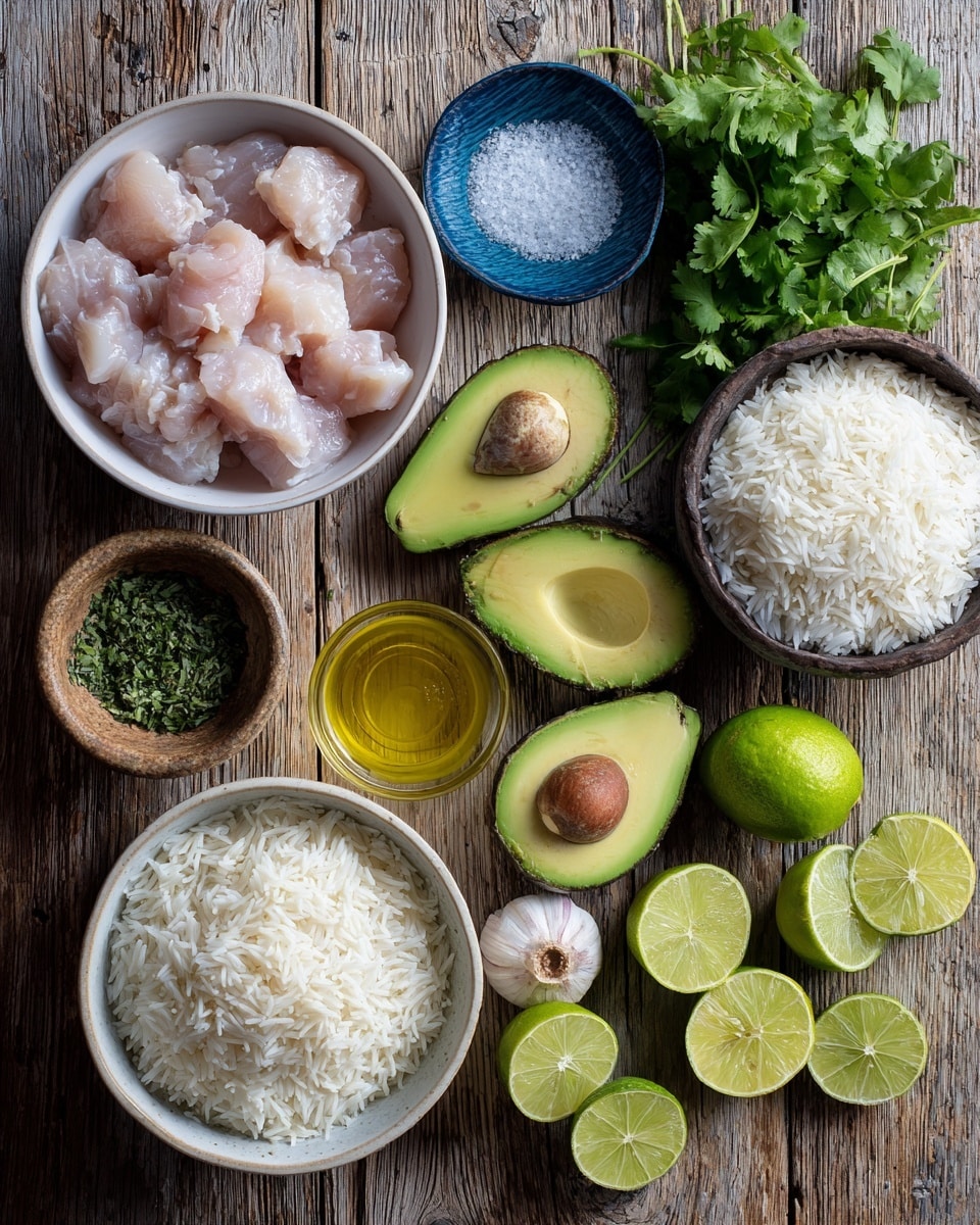A top view shows various fresh ingredients arranged on a wooden surface. On the left, a white bowl holds small pale pink raw chicken pieces. Next to it, a small blue bowl contains salt and herbs, with a whole garlic bulb beside it. Towards the middle, three avocado halves show light green flesh and dark brown seeds in one. Nearby, a small clear glass bowl is filled with golden-yellow oil. On the right side, two white bowls are full of fluffy white rice. Between the avocados and rice bowls is a small black and brown bowl with coarse salt. Fresh green cilantro leaves spread near the bowls. To the far right, five lime halves with bright green skin and pale green insides are arranged. All is placed on a textured brown wooden background. photo taken with an iphone --ar 4:5 --v 7