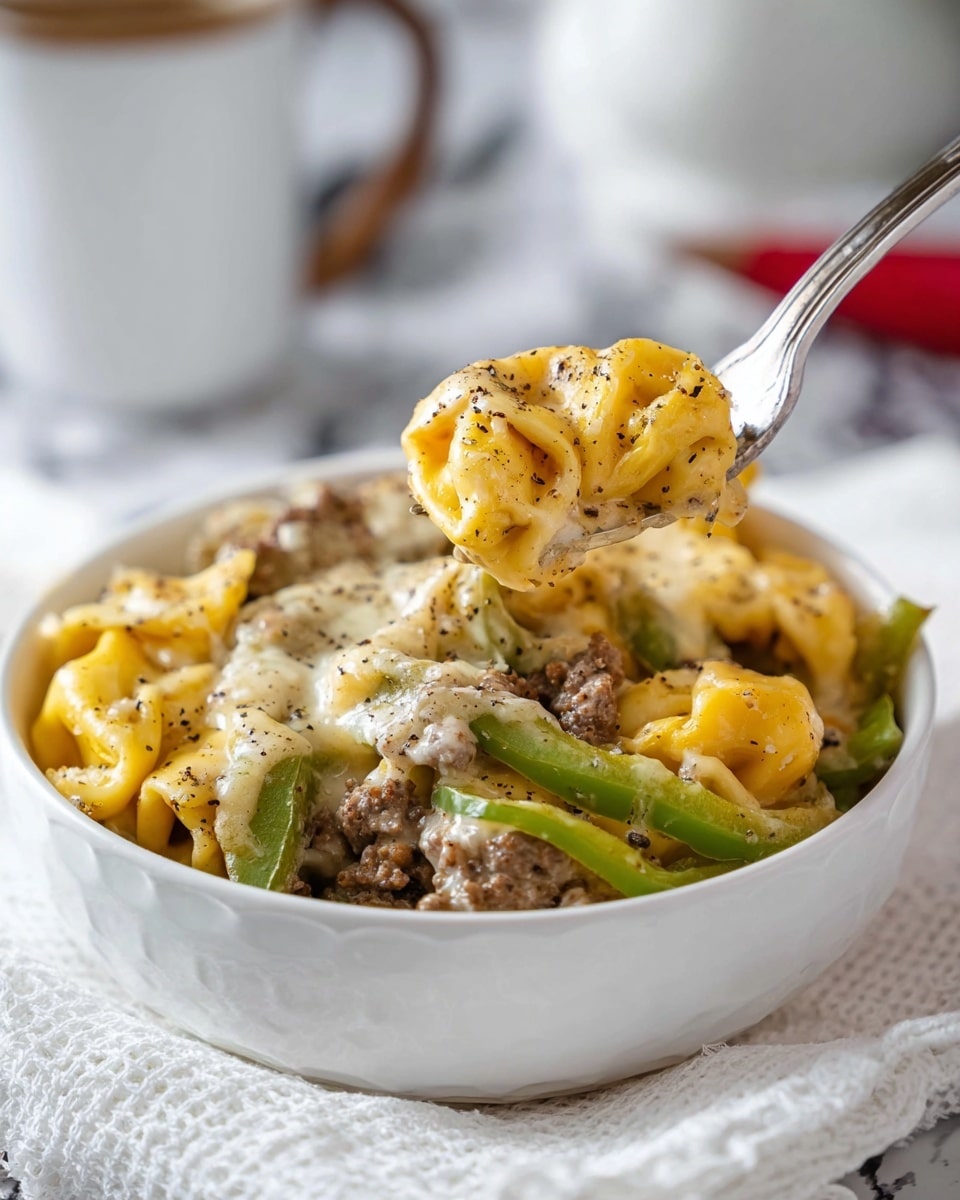 The image shows a white ceramic bowl filled with three layers of food: the bottom layer is a bed of green peppers and cooked onions, the middle layer has cooked ground meat pieces mixed in, and the top layer consists of yellow tortellini pasta covered with melted cheese that has a creamy texture with black pepper specks. A silver fork lifting a cheese-covered tortellini piece is visible on the right side of the bowl. The bowl is placed on a white textured cloth, and the background has a white marbled texture with blurred objects, including a white cup. photo taken with an iphone --ar 4:5 --v 7