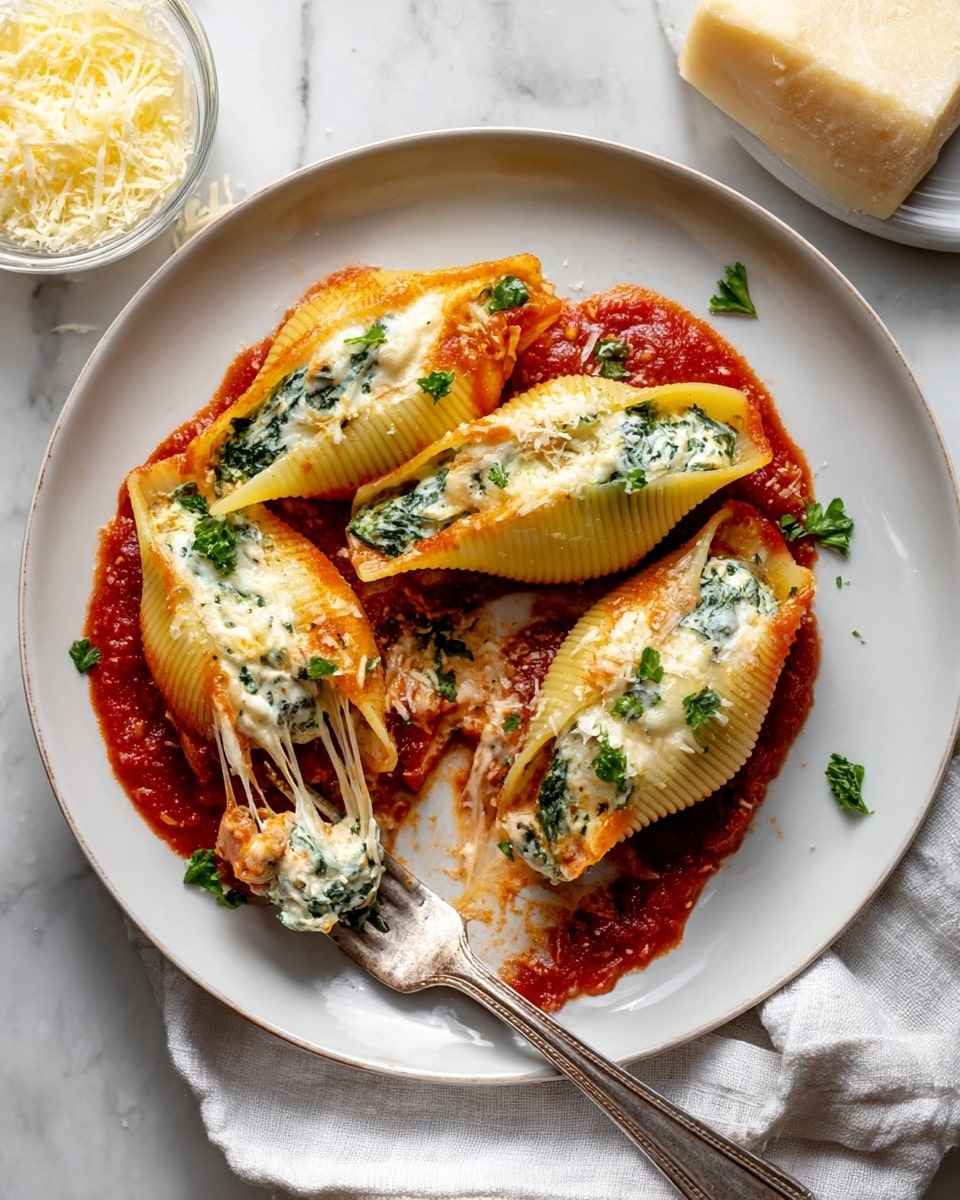 Four stuffed pasta shells sit on a round white plate covered with a thick red tomato sauce base. Each pasta shell is yellow with ridges and filled with white and green cheese and spinach mixture. The shells are topped with melted white cheese and small green parsley leaves scattered on top. Cheese is stretching from one shell as if recently lifted. A metal fork rests on the right side of the plate. The plate is placed on a white marbled surface with a white cloth nearby and a small bowl of shredded cheese in the top left corner. photo taken with an iphone --ar 4:5 --v 7