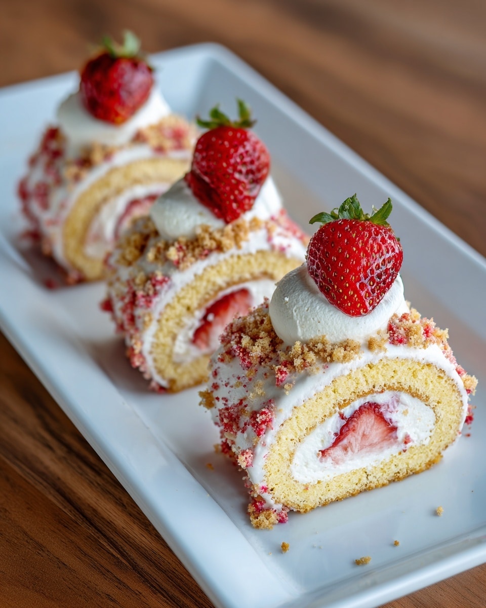 Four small rolled cake slices are lined up on a white rectangular plate. Each slice has a light yellow sponge cake layer rolled with a white creamy filling and a pink strawberry layer in the middle. The outside of the rolls is covered in white cream with pink-red strawberry crumbs and light golden crumb pieces sprinkled on top. Each roll is topped with a half of a fresh red strawberry, showing its inner pattern. The plate sits on a wooden surface. Photo taken with an iphone --ar 4:5 --v 7