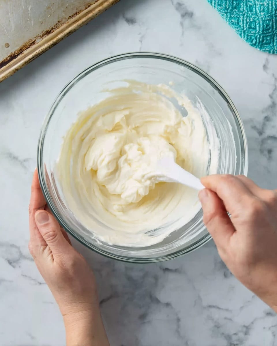 A close-up view of a clear glass bowl placed on a white marbled surface, containing a thick, creamy white mixture being stirred with a white spatula held in a woman's hand on the left side, while another woman's hand steadies the bowl on the right side. The creamy mixture has a smooth and soft texture, with some small lumps visible. The background includes a silver-edged baking tray in the lower left corner and part of a teal cloth in the upper right corner. photo taken with an iphone --ar 4:5 --v 7