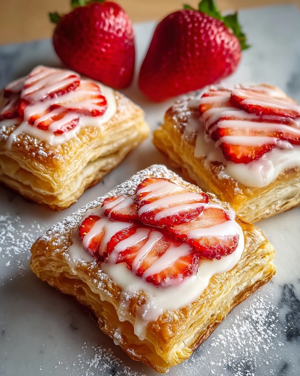 Three square pastries with golden, flaky layers form the base, each having a visible layered texture and slightly raised edges. Inside each pastry, there is a white creamy layer topped with bright red sliced strawberries arranged neatly. A light drizzle of white icing runs along the sides of the pastries, adding a glossy texture, while a dusting of powdered sugar sits lightly on top, enhancing their freshness. Behind the pastries, there are two whole red strawberries with green leaves on a white marbled surface. The whole scene has a warm, close-up focus. photo taken with an iphone --ar 4:5 --v 7
