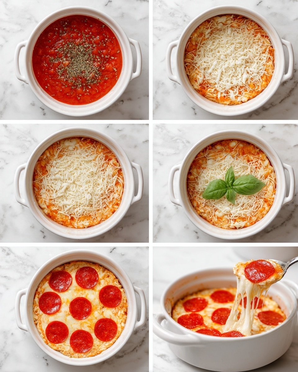 The image shows a step-by-step view of a small pizza dip in a white bowl with two handles on a white marbled surface. The first layer has three sections visible: red tomato sauce, white cottage cheese, and green dried herbs on top. The second image shows the ingredients mixed into a creamy orange sauce with bits of white cheese. The third layer has shredded white cheese spread evenly over the sauce, and the fourth layer adds six round red pepperoni slices on top of the cheese. After baking, the final layer shows the cheese melted and golden, with pepperoni slices slightly cooked and a small green basil leaf garnish in the middle. The last image shows a woman's hand using a spoon to lift the warm dip, with cheese stretching and a pepperoni slice on top. Photo taken with an iphone --ar 4:5 --v 7