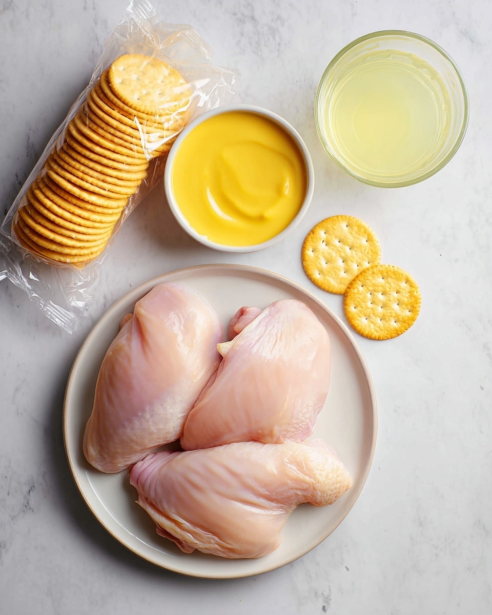 The image shows three raw, pale pink chicken pieces lying on a white round plate in the lower center. Above the plate, there is a small white bowl filled with smooth, bright yellow sauce. To the left of the bowl, there is an open pack of golden round crackers, with some crackers stacked inside and two crackers lying outside the pack on the white marbled surface. On the right side, there is a clear glass cup filled with a light yellow liquid. Photo taken with an iphone --ar 4:5 --v 7