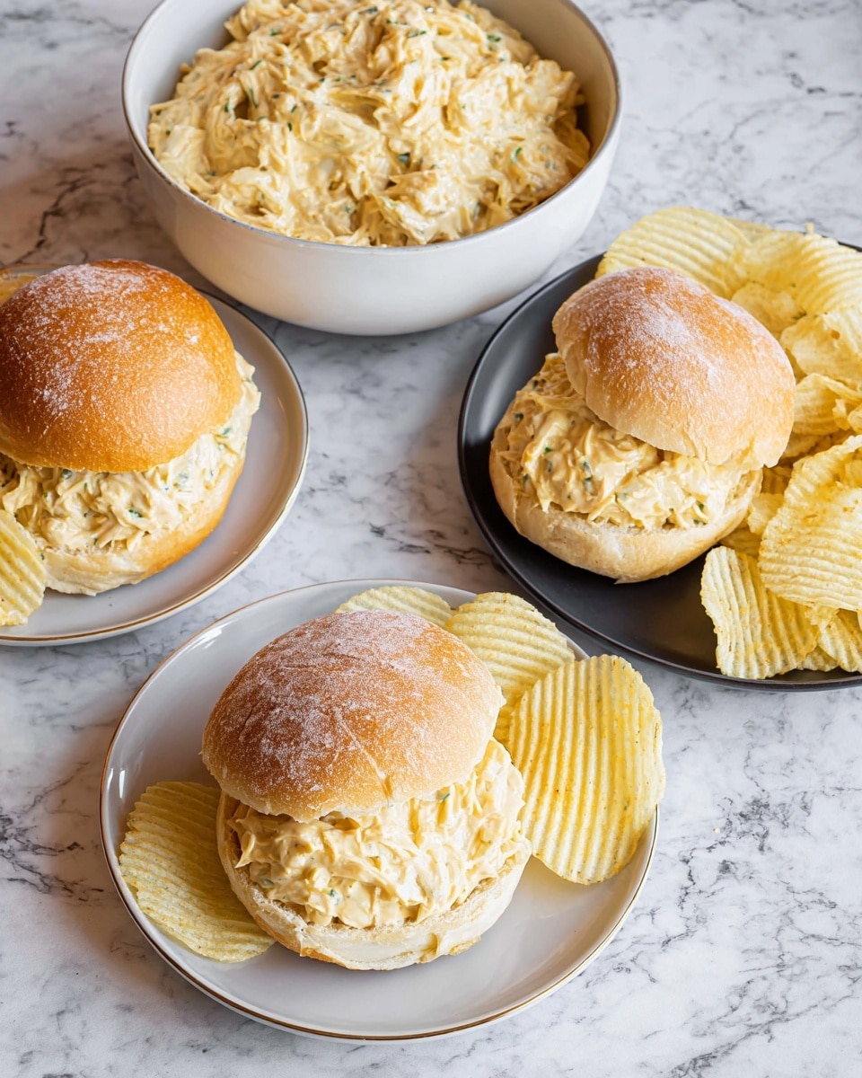A white plate sits on a white marbled surface holding a sandwich with two layers: the bottom layer is a soft, slightly toasted bun, topped with a thick creamy mix of shredded light yellow chicken salad with visible small green herb bits, spilling slightly over the bun edges. The top layer is a soft, golden-brown bun dusted with white flour. Next to the sandwich are crinkle-cut potato chips in pale yellow color. In the background, there is a white bowl filled with more creamy chicken salad, slightly blurred. Photo taken with an iphone --ar 4:5 --v 7