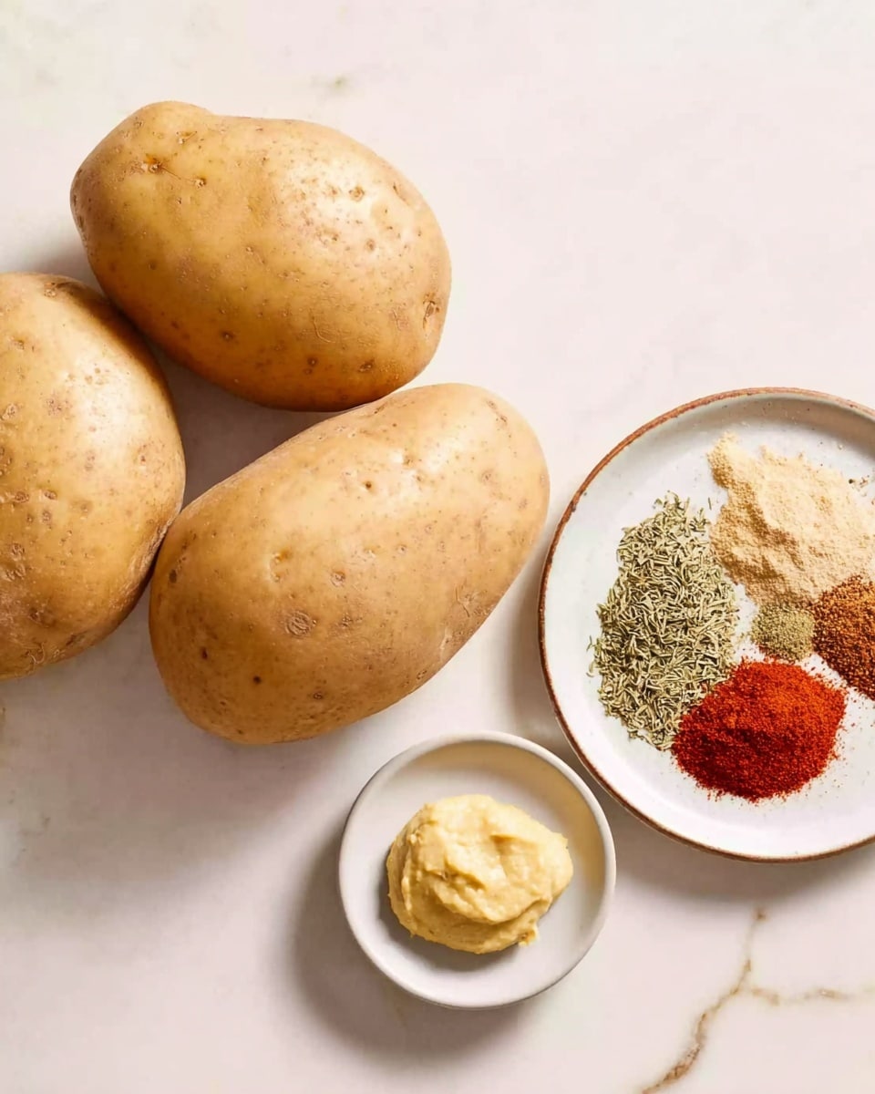The image shows three large light brown potatoes with smooth skin, arranged closely together on a white marbled surface. To the right, there is a white plate holding three different spices, each forming a small pile: green dried herbs, beige powder, and bright red powder. Below it is another smaller white plate with a small dollop of pale yellow mustard-like paste. Photo taken with an iphone --ar 4:5 --v 7