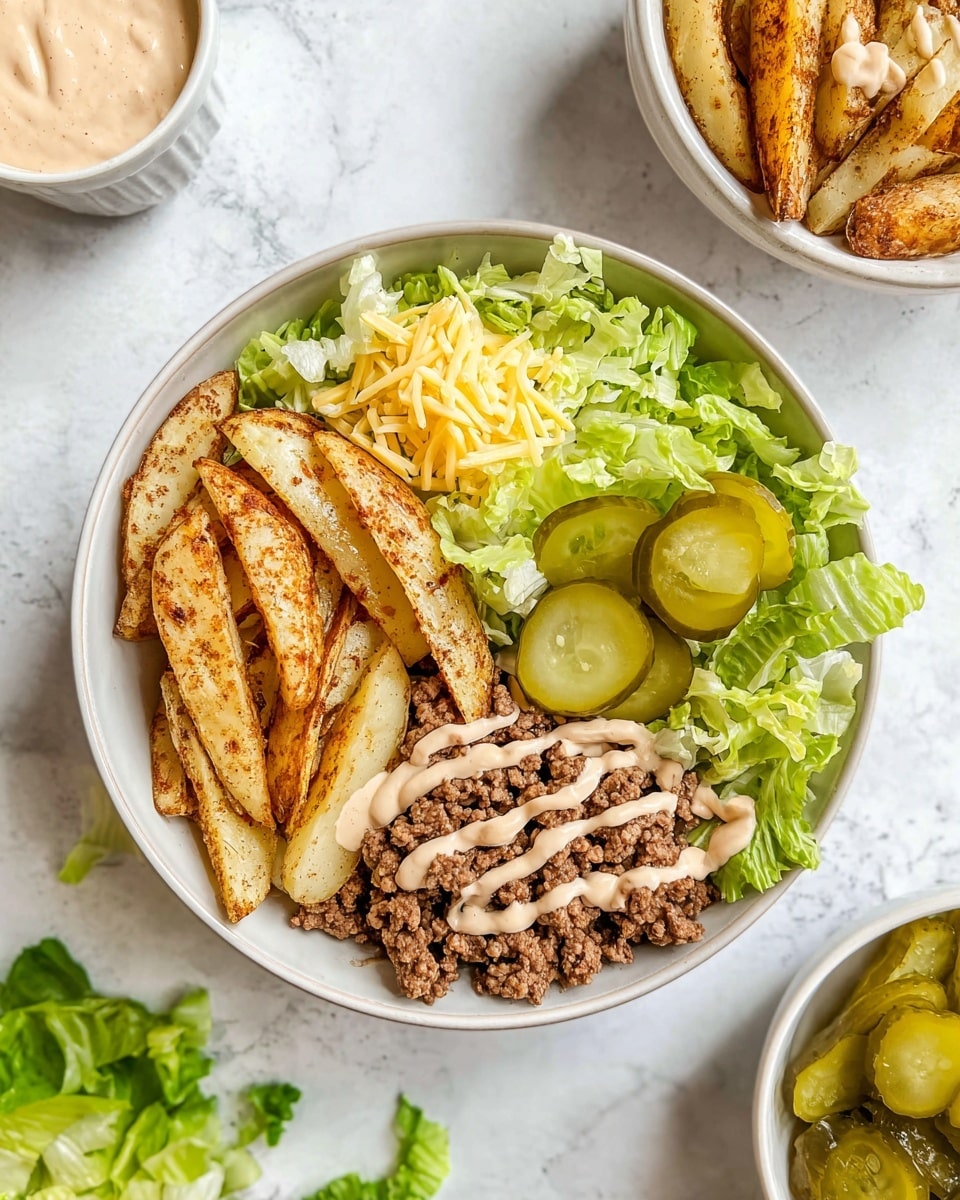 The image shows a white bowl with four main parts: on the left side, golden-brown seasoned potato wedges with a slightly crispy texture; next to them is a small pile of thin yellow shredded cheese; above the cheese, fresh crisp green lettuce leaves with light and dark green shades; to the right of the lettuce, a generous portion of cooked ground beef with a slightly crumbly texture, topped with a light beige creamy sauce drizzled unevenly; sitting on top of the beef and lettuce are three green pickle slices with a wavy texture. Around the bowl, there is a white marbled surface with more potato wedges in a white bowl at the top right and a small white bowl with pickles at the bottom right, with some loose green lettuce leaves scattered nearby. Photo taken with an iphone --ar 4:5 --v 7
