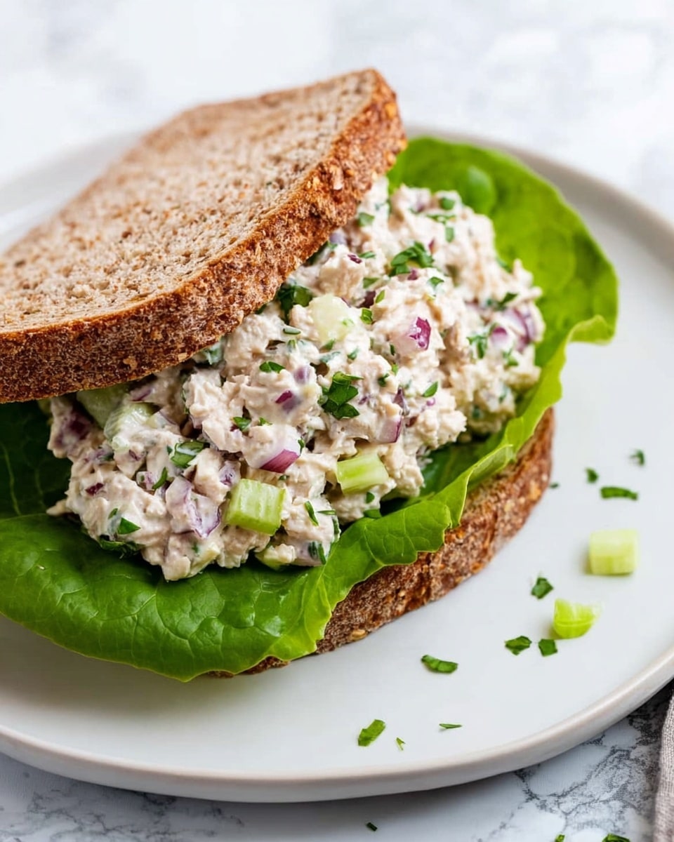 A sandwich with two slices of brown whole grain bread on a white plate with a white marbled surface underneath. The bottom slice is topped with a full green lettuce leaf, and on top of the lettuce is a thick layer of creamy chicken salad mixed with small pieces of red onion, celery, and chopped fresh herbs. Small green herb pieces are scattered on the plate around the sandwich. The other slice of bread is positioned next to the layered slice, slightly overlapping it. photo taken with an iphone --ar 4:5 --v 7
