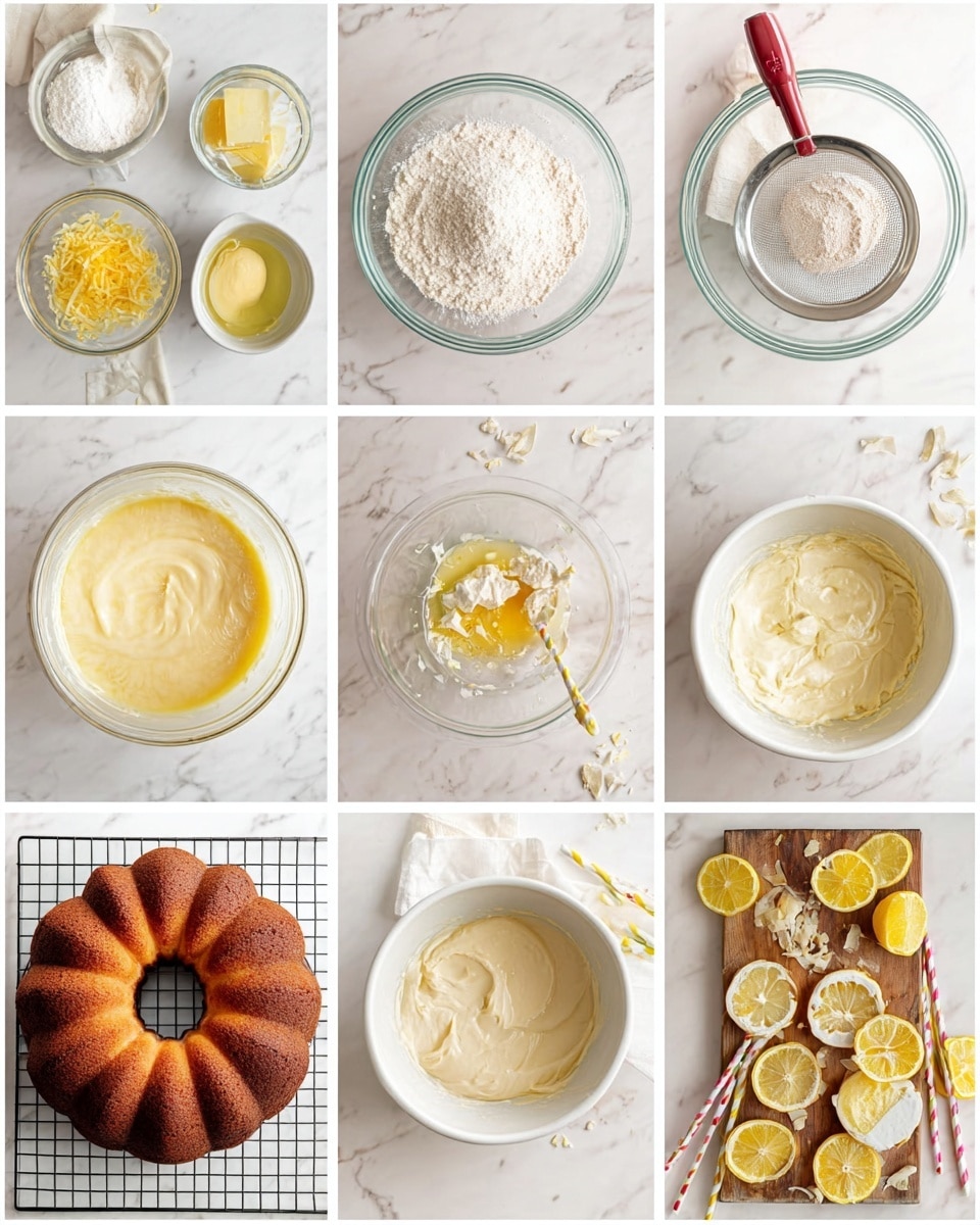 The image shows a sequence of nine photos detailing the making of a lemon bundt cake. The first row contains three photos: the first with bowls of white flour, yellow zest, butter, a lemon and a clear liquid on a white marbled surface; the second photo shows the flour being sifted into a glass bowl; the third reveals butter, zest, flour, and a clear liquid in a large clear bowl. The second row shows the mixing stage: the first image includes eggs added to the bowl with mixed butter and sugar; the second depicts a creamy yellow batter with flour mixed in; the third has cream being added to the batter. The third row shows the baking and finishing stages: the first image shows the smooth batter spread in a white bundt pan; the second presents the golden-brown baked bundt cake on a cooling rack with a red brush brushing syrup on top; the last photo features the bundt cake on a wooden board, topped with a drizzle of white icing and scattered sliced almonds, with yellow lemon slices and yellow-striped straws beside it, all against a white marbled surface. Photo taken with an iphone --ar 4:5 --v 7