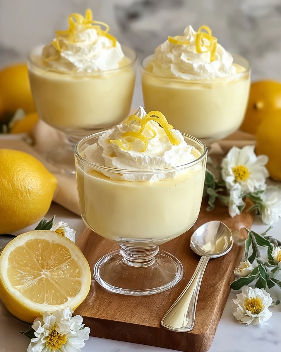 Three clear glass dessert cups are filled with smooth, pale yellow lemon pudding, topped with a swirl of white whipped cream and thin lemon peel curls. Each cup shows two thick layers: the creamy pudding at the bottom and the fluffy whipped cream on top. The cups are placed on a wooden board against a white marbled surface, surrounded by whole lemons, a half lemon exposing the inside, a silver spoon, and small white and yellow flowers. The overall colors are soft yellow, creamy white, and clear glass with a natural wooden tone, creating a fresh and light look. Photo taken with an iphone --ar 4:5 --v 7