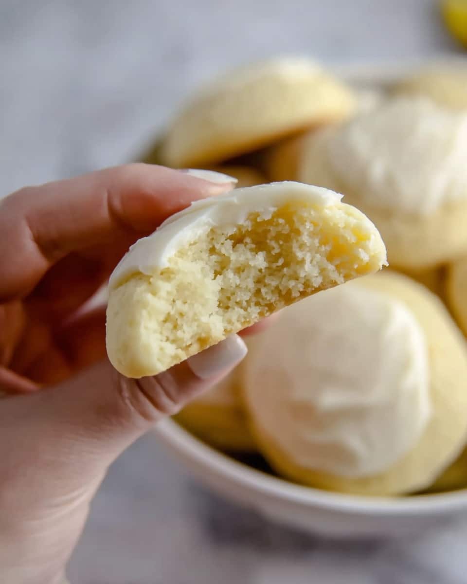 A close-up image showing a woman's hand holding a half-eaten cookie with a smooth, pale white frosting layer on top. The cookie itself is light golden yellow with a soft, porous texture inside. In the background, there is a white bowl filled with more of these same cookies, all round and covered with the same white frosting. The entire scene is set on a white marbled surface. photo taken with an iphone --ar 4:5 --v 7