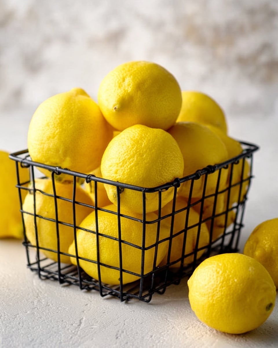 A black wire basket filled with bright yellow lemons stacked on top of each other, placed on a white marbled surface with a few lemons scattered around the basket. The lemons have a smooth, slightly bumpy texture and vibrant yellow color that stands out against the dark basket and light surface. photo taken with an iphone --ar 4:5 --v 7