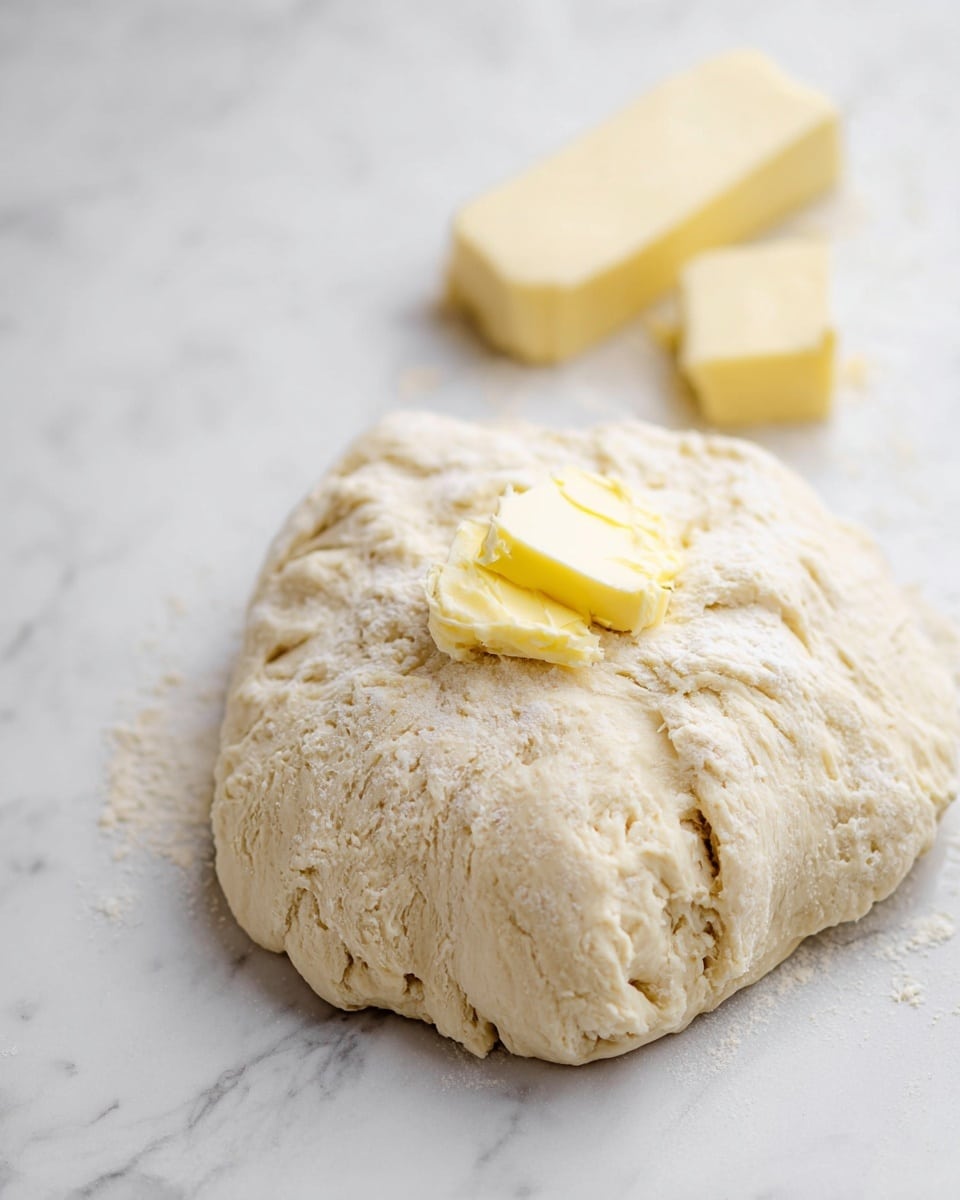 A large, rough-textured dough ball sits on a white marbled surface, with a soft and slightly sticky appearance. On top of the dough is a small yellow slice of butter beginning to melt into the dough. In the background, there are two more pieces of butter, one rectangular and one chunk, both pale yellow, resting gently on the marbled surface. The scene is softly lit, highlighting the dough's uneven surface and the smooth butter. photo taken with an iphone --ar 4:5 --v 7