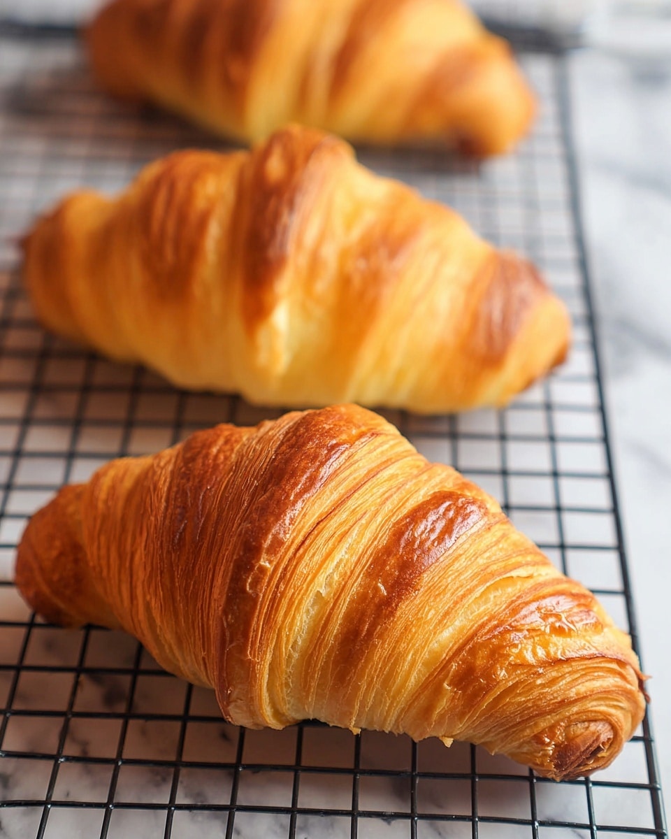 Three golden brown croissants with layered flaky texture rest on a black wire cooling rack placed on a white marbled surface. Each croissant shows visible thin, curved ridges that spiral towards the ends, displaying a mix of darker toasted and lighter yellow-golden areas. The background is softly blurred, focusing on the middle croissant in sharp detail with a shiny, slightly crisp outer crust. Photo taken with an iphone --ar 4:5 --v 7