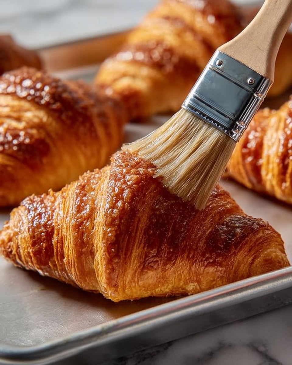 Two croissants sit on a white marbled surface, showing many thin layers of golden brown dough. The croissant in front is larger, with a smooth, shiny top and browned edges that curl at the tip. The one behind is slightly smaller, also shiny and golden, with its layers clearly visible. Small crumbs lie near the croissants, adding texture to the scene. The background is softly blurred to keep the focus on the crisp, flaky croissants. photo taken with an iphone --ar 4:5 --v 7