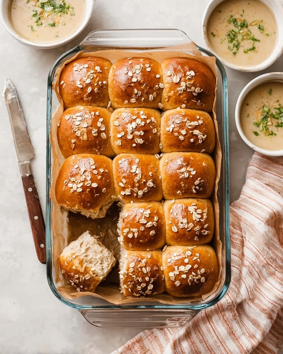 A clear glass baking dish lined with brown parchment paper holds 15 golden brown soft bread rolls arranged in a 3 by 5 grid. Each roll has a shiny surface topped with scattered pale oat flakes. One roll in the bottom left corner is pulled apart, showing a fluffy, light brown inside. The dish is set on a white marbled textured surface, with a knife with cream on the left side and two white bowls filled with creamy soup garnished with herbs on the top right. A folded light pink and beige striped cloth is placed on the bottom right. Photo taken with an iphone --ar 4:5 --v 7