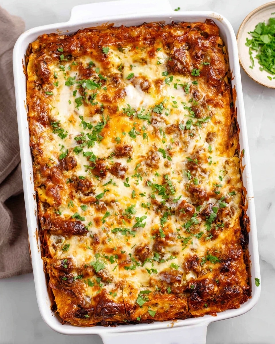 A white baking dish filled with a baked layered casserole, showing a golden brown top with melted cheese and scattered green chopped herbs evenly spread over the surface. The casserole layers are slightly crisped on the edges, with visible chunks of browned ingredients beneath the cheese, giving it a textured, rich look. The baking dish is placed on a white marbled surface, and a small round bowl with extra green herbs is seen nearby. The overall dish appears warm and freshly cooked with a hearty, savory feel. Photo taken with an iphone --ar 4:5 --v 7