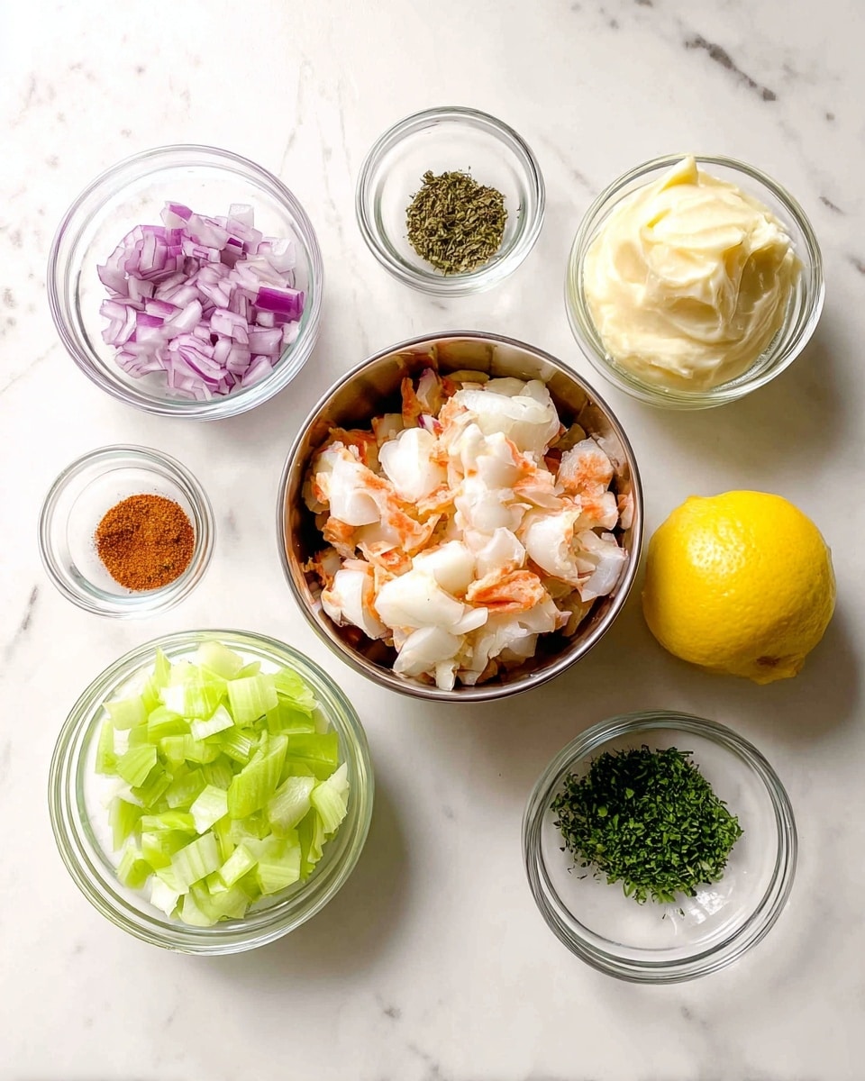 The image shows six small glass bowls and one metal bowl placed on a white marbled surface. The metal bowl in the center is filled with white and orange pieces that look soft and chunky. To its top left, there is a small bowl with finely chopped purple onions. Below that, a slightly bigger bowl holds light green chopped celery. Above the celery, another bowl contains a creamy, thick, pale yellow substance. To the right of the metal bowl is a half lemon with bright yellow skin. Above the lemon, there is a small bowl with brownish-red powder, and below this powder, a small bowl holds finely chopped dark green herbs. All the bowls have clear glass and the colors contrast well with the white marbled background. Photo taken with an iphone --ar 4:5 --v 7