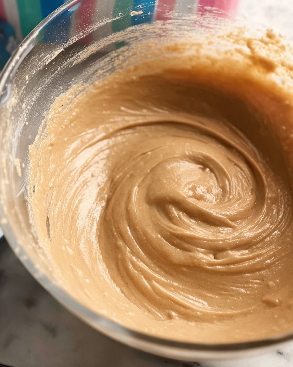 A close-up view of a clear glass bowl filled with light brown batter being stirred, showing smooth, thick, and creamy texture with gentle swirls forming in the center. The bowl is on a white marbled surface, and the background has blurred colorful vertical shapes. The batter appears soft and well mixed with no visible lumps. Photo taken with an iphone --ar 4:5 --v 7