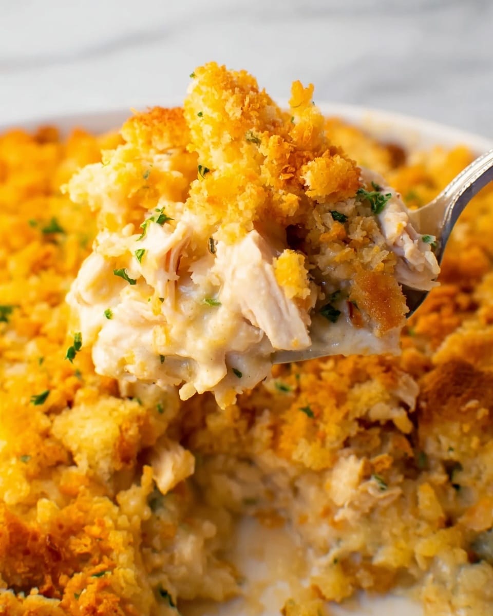 A close-up of a spoon lifting a portion of a creamy casserole showing two main layers: the bottom layer is a light beige creamy mixture with visible pieces of white chicken and small flecks of green herbs, and the top layer is a golden, crunchy crumb topping with varied-sized crumbs that are bright orange and yellow. The textures contrast with the smooth sauce below and the crisp, crumbly top. The entire dish is on a white plate, placed on a white marbled surface. photo taken with an iphone --ar 4:5 --v 7
