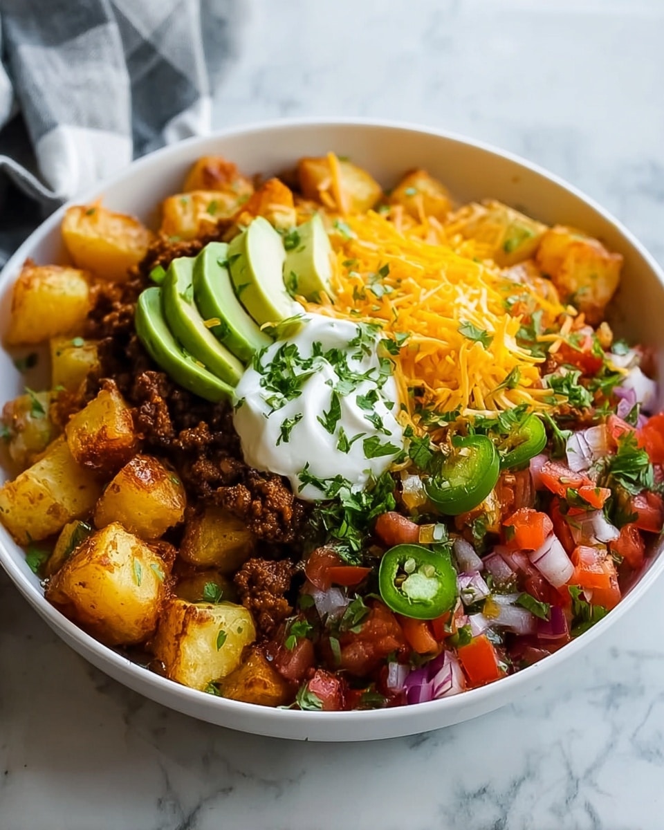A white bowl filled with golden roasted potato pieces at the base, topped with a layer of brown spiced ground meat on one side and a heap of mixed diced red tomatoes, chopped red onions, and green jalapeño slices on another side. At the top, thin slices of green avocado fanned out in a curved line. To one side, finely shredded orange cheddar cheese forms a bright layer. In the center, a dollop of white sour cream sits with green chopped cilantro sprinkled over the whole bowl. The bowl rests on a white marbled surface with soft natural light coming from the side. Photo taken with an iphone --ar 4:5 --v 7