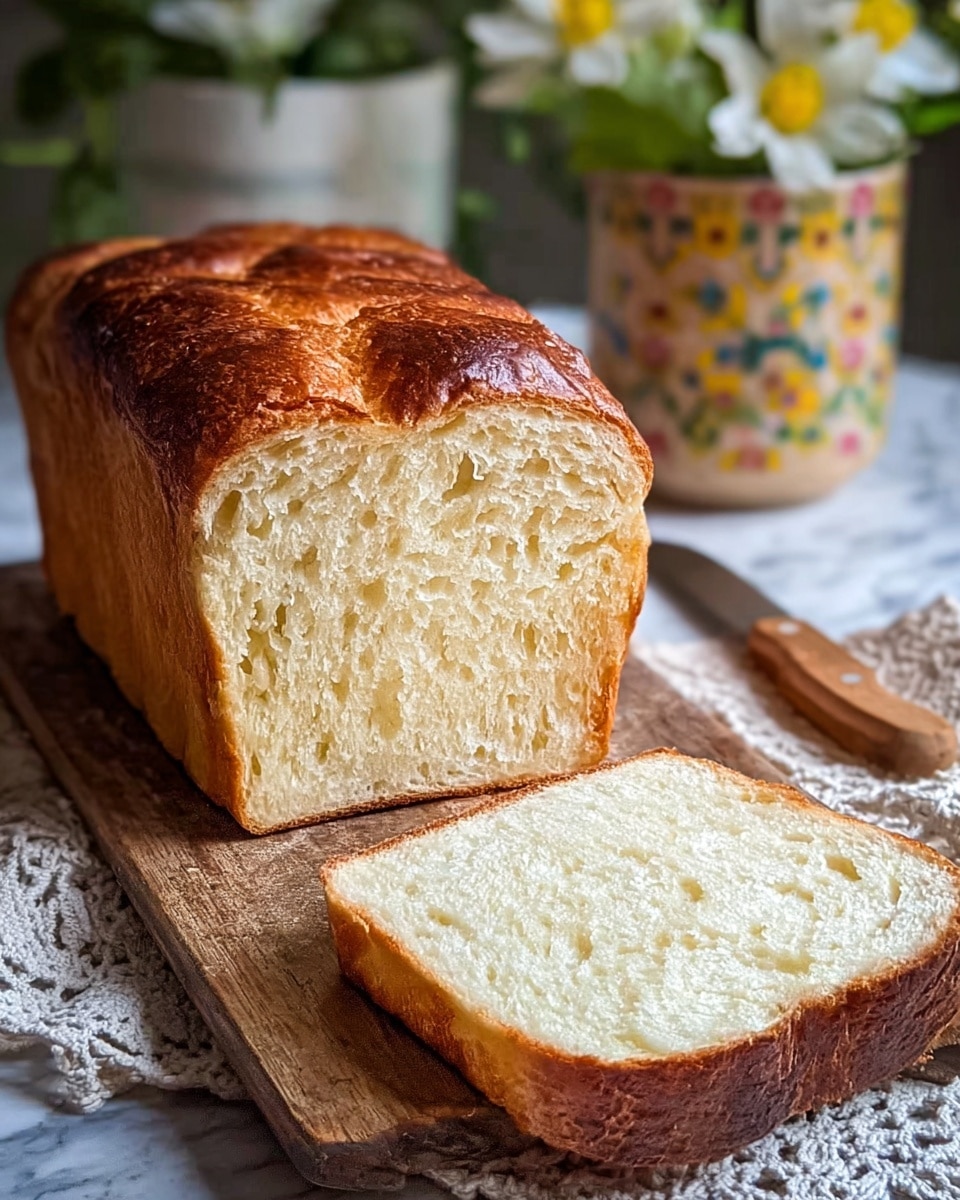 A loaf of bread with a golden brown crust sits on a rustic wooden board, with one thick slice cut and placed in front of the loaf. The bread's inside is light cream in color, soft, and fluffy with small air holes, showing a smooth texture. The crust is slightly shiny and bumpy, with a darker brown edge. The wooden board contrasts with the white marbled surface underneath, where a lace cloth and a knife with a wooden handle rest nearby. In the blurred background, white and yellow flowers in a patterned pot add a soft, homey touch. Photo taken with an iphone --ar 4:5 --v 7