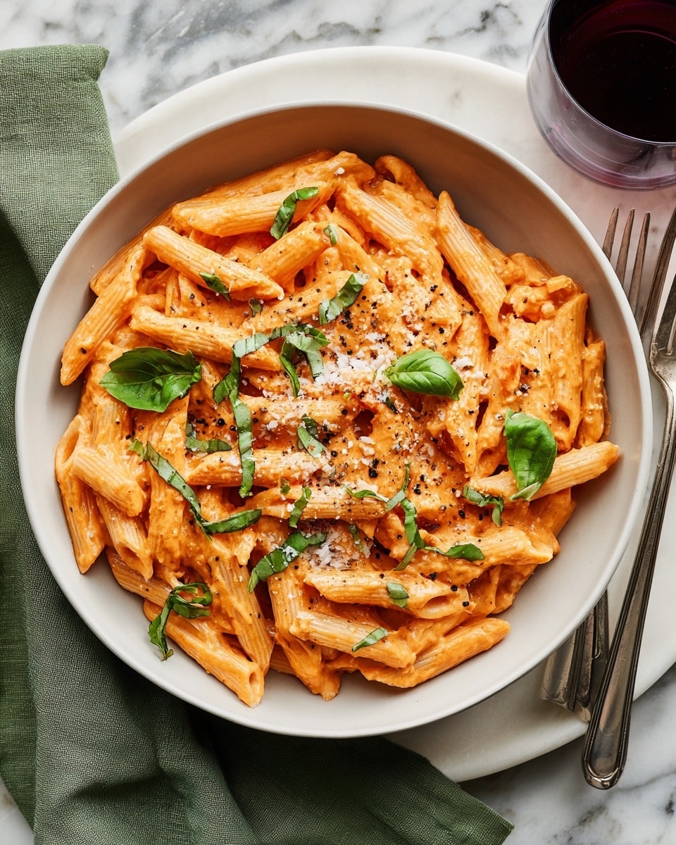 A black pan filled with penne pasta coated in a creamy red sauce, showing reddish chunks mixed evenly throughout the noodles. The top of the pasta is sprinkled with shredded light yellow cheese and small pieces of fresh green basil leaves scattered over it. There are also visible bits of black pepper adding texture and contrast. The pan sits on a white marbled surface. photo taken with an iphone --ar 4:5 --v 7
