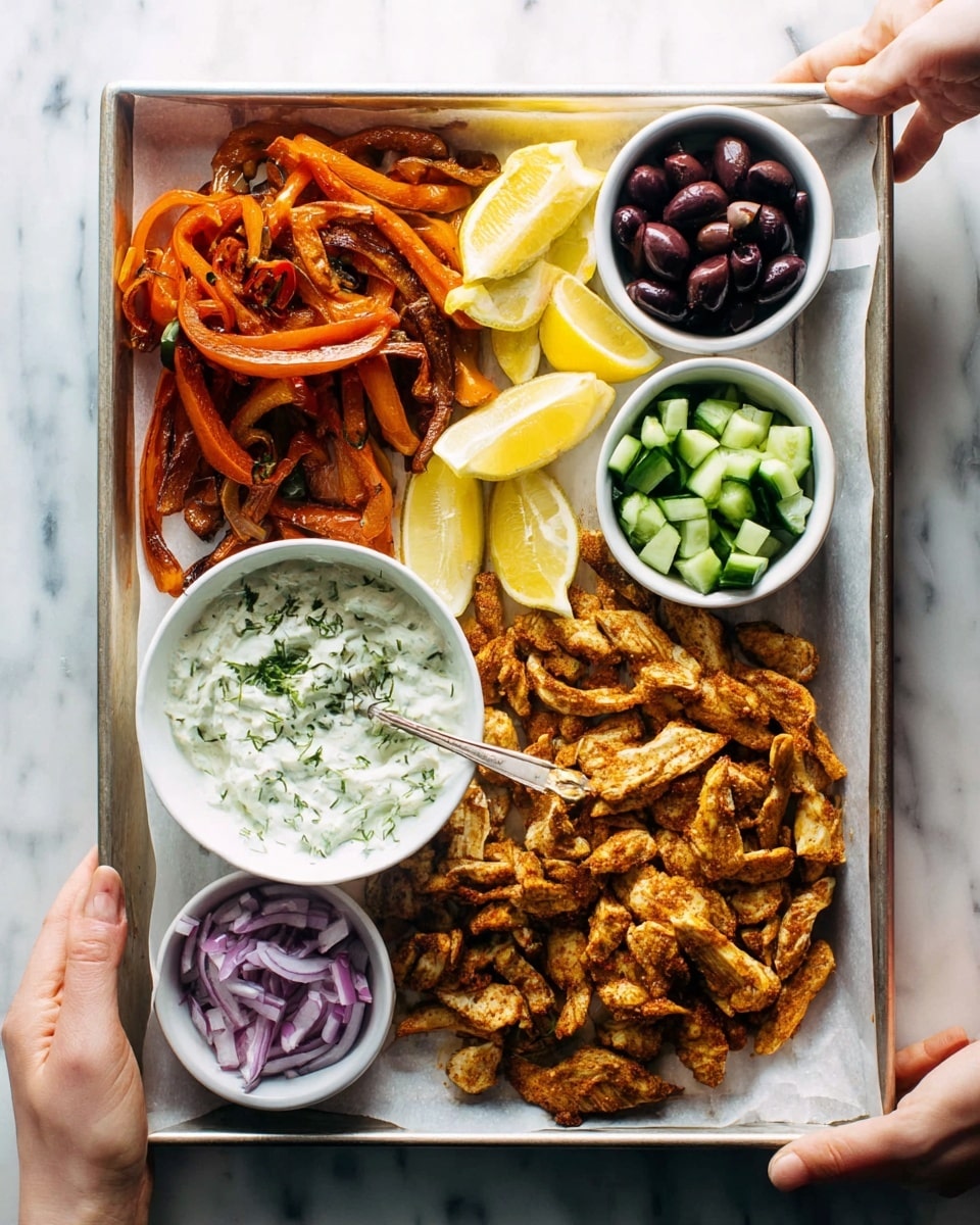 A metal tray lined with white parchment holds several food items arranged neatly. On the left side, there is a pile of cooked thin orange and brown strips of roasted bell peppers with three lemon wedges placed along the edge beneath them. Near the top center, a small white bowl holds dark purple olives. To the right of that, another small white bowl is filled with small, bright green cucumber cubes. Below the cucumbers, the tray is filled with golden brown cooked chicken strips. In the bottom left, a white bowl contains a creamy white sauce with green herbs mixed in, with a metal spoon resting inside. Lastly, at the bottom center, a smaller white bowl holds finely chopped red onions. Two woman's hands grip the sides of the tray, which sits on a white marbled surface. Photo taken with an iphone --ar 4:5 --v 7