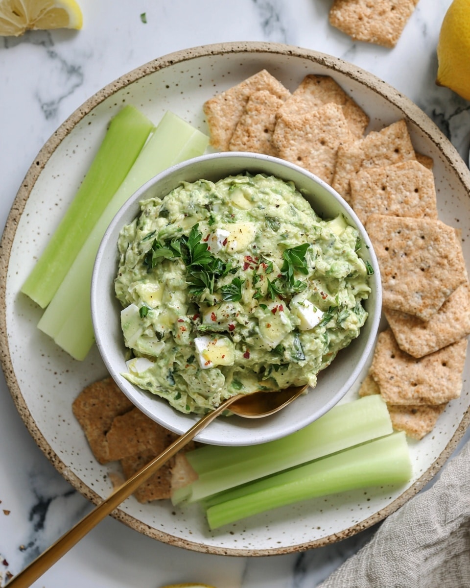 A white bowl filled with a chunky green dip made from chopped herbs, small pieces of white egg, and bits of red onion, topped with small green parsley leaves and black pepper specks. The bowl sits in the center of a round white plate with a speckled rim, surrounded by light brown hexagon crackers and fresh pale green celery sticks, with a gold spoon resting inside the bowl. The plate is placed on a white marbled surface with a part of a lemon visible at the corner photo taken with an iphone --ar 4:5 --v 7