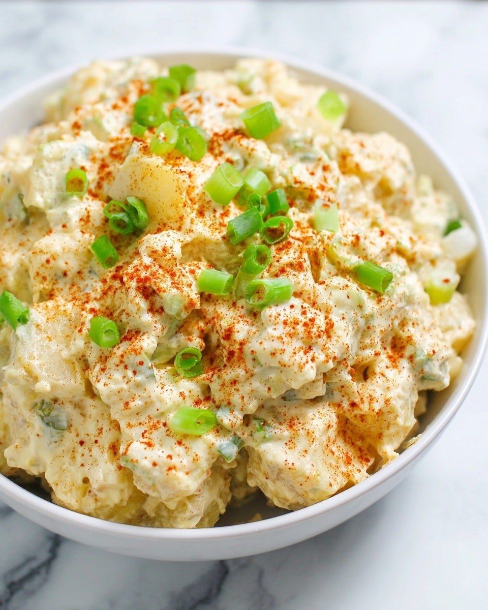 A white bowl filled with a creamy potato salad made of soft potato chunks mixed in a thick dressing with visible small green celery pieces. The top is sprinkled with some bright green chopped scallions and reddish paprika powder, adding spots of color on the creamy light yellow surface. The bowl is placed on a white marbled surface. photo taken with an iphone --ar 4:5 --v 7