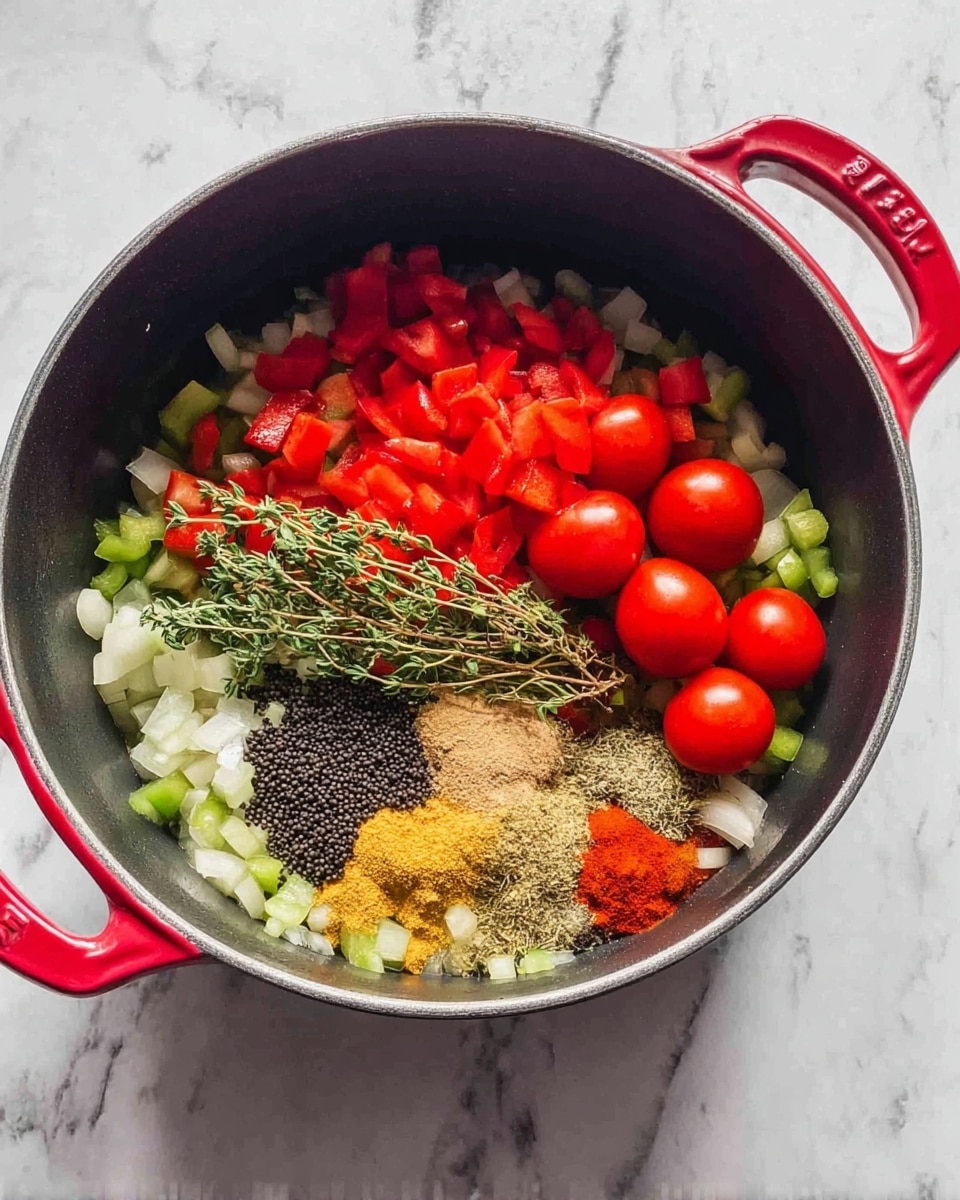 A black cooking pot with bright red handles sits on a white marbled surface, filled with colorful ingredients. Inside the pot, there are diced onions and green bell peppers mixed together, chopped red bell peppers, a few sprigs of fresh green thyme, several whole black peppercorns scattered across, a cluster of whole and halved cherry tomatoes in bright red, and three piles of powdery spices in yellow, black, and light brown colors. The textures range from soft cooked vegetables to dry spices and fresh herbs, all arranged naturally in the pot. photo taken with an iphone --ar 4:5 --v 7