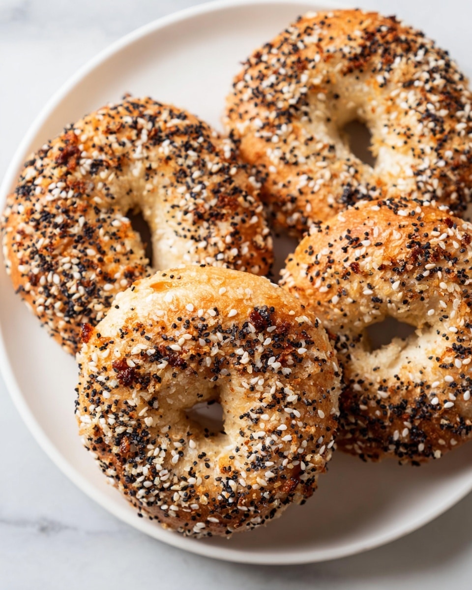 The image shows four toasted bagels with a golden brown crust covered in a mix of white and black sesame seeds, coarse salt, and small bits of dried onion on top. The bagels are round with a hole in the middle, and they have a slightly rough texture on the outside. They are placed closely together on a white plate, which rests on a white marbled surface. The top bagel is centered and in focus, showing its detailed seed and onion topping clearly. photo taken with an iphone --ar 4:5 --v 7