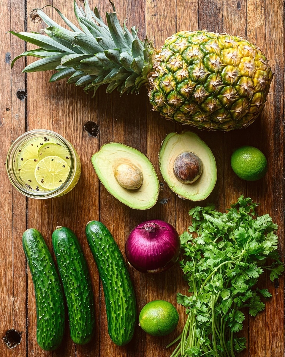 The image shows a fresh pineapple with a green and yellow spiky outer layer lying on a wooden surface. To the right, there is a halved avocado with bright green flesh, one half showing a large brown seed. Below the pineapple, five small green cucumbers are arranged side by side, showing smooth shiny skin. On the lower left corner, there is a small clear glass jar filled with a yellow liquid with flecks of black pepper, next to a green lime. A whole deep purple-red onion with a bit of root hair is placed near the bottom center. On the right side of the frame, a bunch of fresh green cilantro with delicate leaves and thin stems is laid out. The wooden surface has a rich brown color with visible knots and grain. photo taken with an iphone --ar 4:5 --v 7