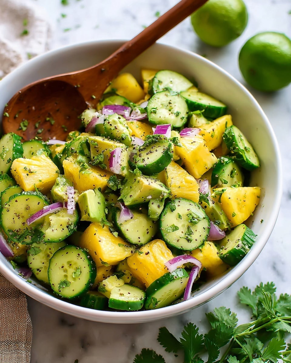 The image shows a white bowl filled with a fresh salad made of three main layers: the bottom layer consists of round cucumber slices with a green and moist texture, the middle layer has chunks of bright yellow pineapple with a juicy look, and the top layer includes small pieces of light green avocado and thin slices of purple-red onion. The salad is sprinkled with small black seeds and garnished with green cilantro leaves scattered on top. A wooden spoon is partially resting on the side of the bowl, scooping some of the salad. In the background, there are two halved limes and green cilantro leaves on a white marbled surface. photo taken with an iphone --ar 4:5 --v 7