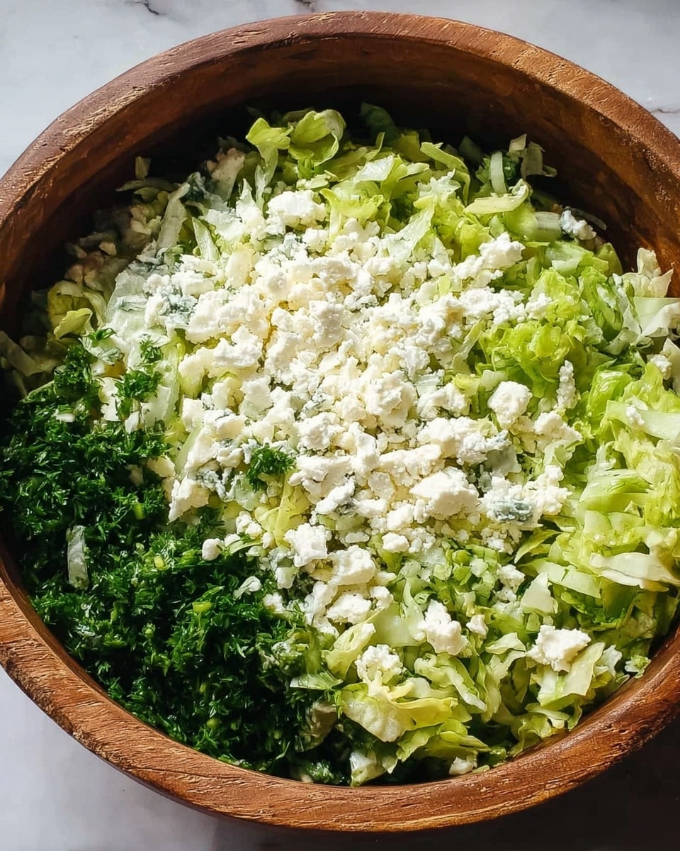 A wooden bowl filled with a fresh salad showing three visible layers: the bottom layer is dark green chopped herbs, the middle layer is light to medium green shredded lettuce, and the top layer is white crumbled cheese spread evenly in the center. The colors contrast well, with the bright greens surrounding the white cheese. The bowl sits on a white marbled surface. photo taken with an iphone --ar 4:5 --v 7