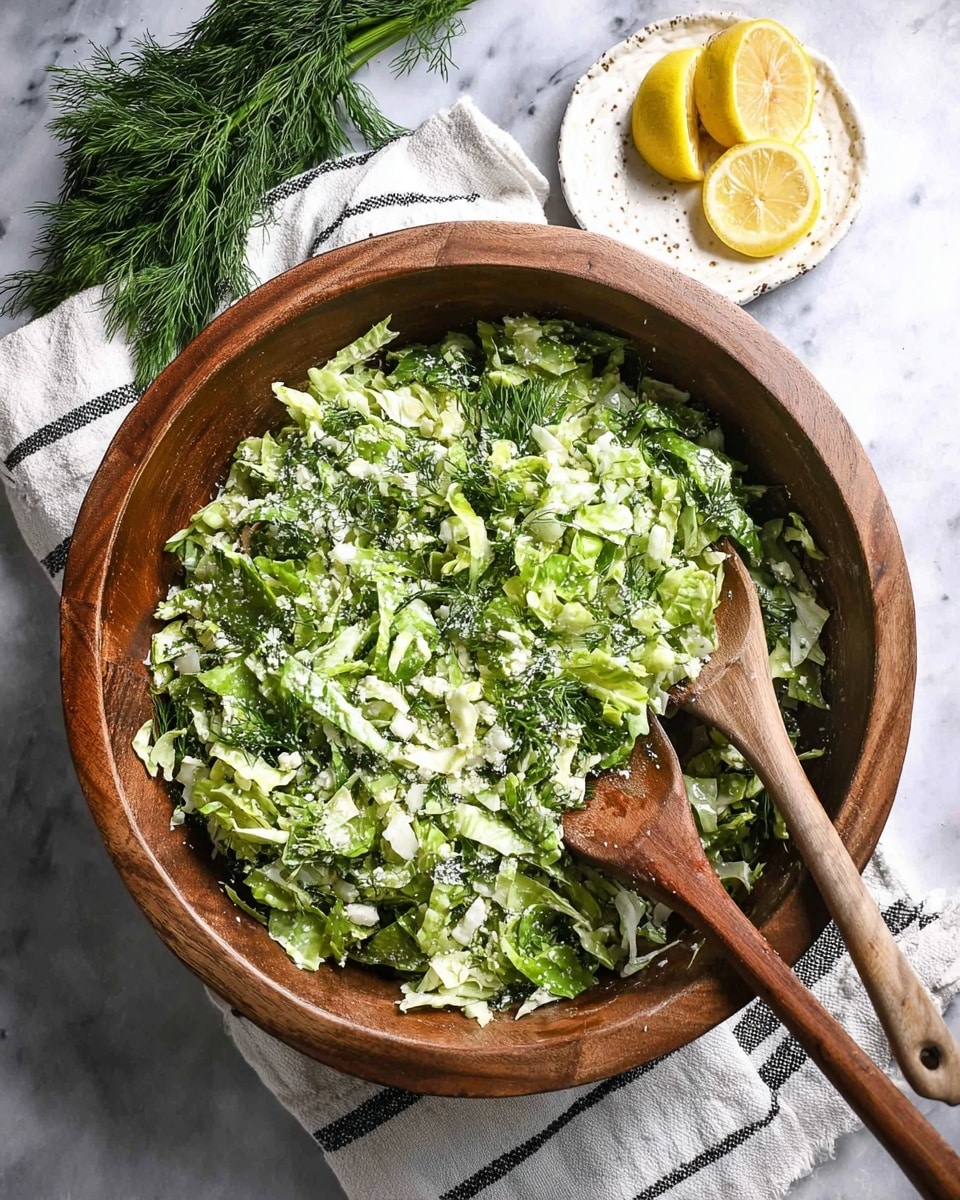 A large wooden bowl filled with a green salad made of shredded lettuce mixed with small bits of green herbs and white cheese, giving a fresh and light texture. Two wooden spoons rest on the salad inside the bowl. Next to the bowl is a white plate holding two slices of lemon and a small bunch of fresh dill. The bowl and plate sit on a white cloth with black stripes, all placed on a white marbled surface. photo taken with an iphone --ar 4:5 --v 7