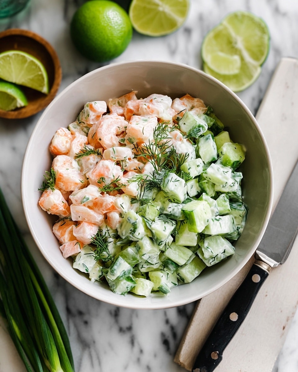 A bowl of shrimp salad with three main layers: the bottom layer is soft, pink shrimp pieces, the middle layer has small light-green cucumber cubes mixed with green scallion slices, and the top layer is a light creamy sauce spread evenly with small dark green dill flakes sprinkled throughout. The bowl is white and sits on a white marbled surface with sliced bright green lime wedges, a whole lime, and green scallions in the background. A woman's hand holds a black-handled knife on the right side. Photo taken with an iphone --ar 4:5 --v 7