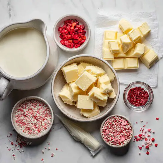 A stack of six white fudge squares sits on a white marbled surface, each piece showing two layers: a light cream top layer filled with small pink bits and a slightly denser, lighter bottom layer with similar pink bits. The fudge is decorated with thin white icing drizzled over the top and sprinkled with tiny pink sugar crystals and small heart-shaped pink sprinkles. One square on the right side has a bite taken out, revealing the soft texture inside. Scattered pink sprinkles surround the fudge stack. Photo taken with an iphone --ar 4:5 --v 7