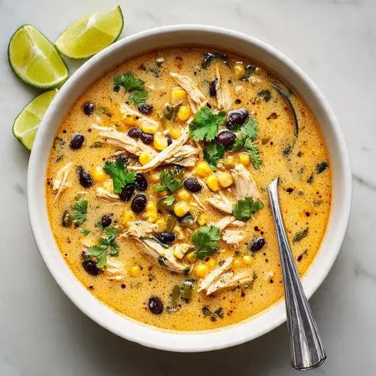 A white bowl filled with creamy orange soup, mixed with shredded light beige chicken pieces, black beans, bright yellow corn kernels, and small green pepper chunks. The soup has small dark spicy specks spread throughout its surface. On top, there are fresh green cilantro leaves placed as garnish. A silver spoon rests inside the bowl on the right side. The bowl sits on a white marbled surface with three lime wedges arranged beside it on the left. photo taken with an iphone --ar 4:5 --v 7